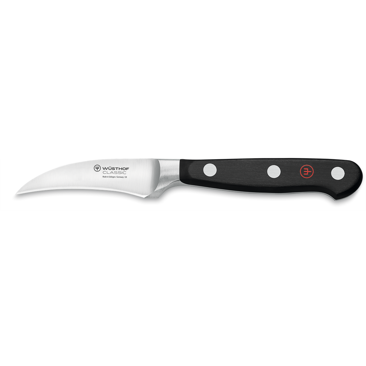 Classic 2 3/4" Peeling Knife with a curved, sharp forged stainless steel blade and a black triple-riveted handle featuring a red logo for precise peeling tasks.