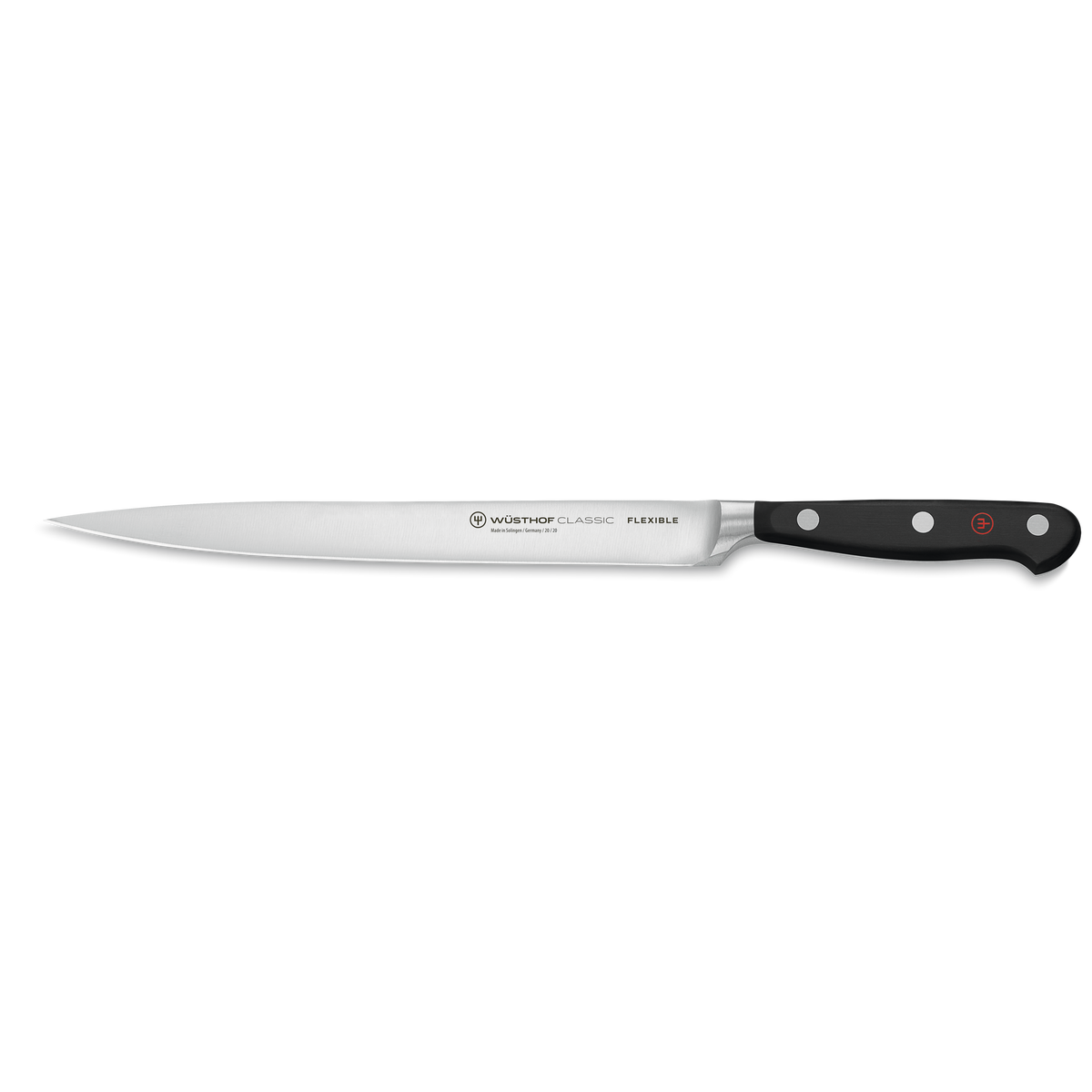 Classic 8" Flexible Fish Fillet Knife with a narrow, flexible forged German stainless steel blade and black triple-riveted handle for precise fish filleting.