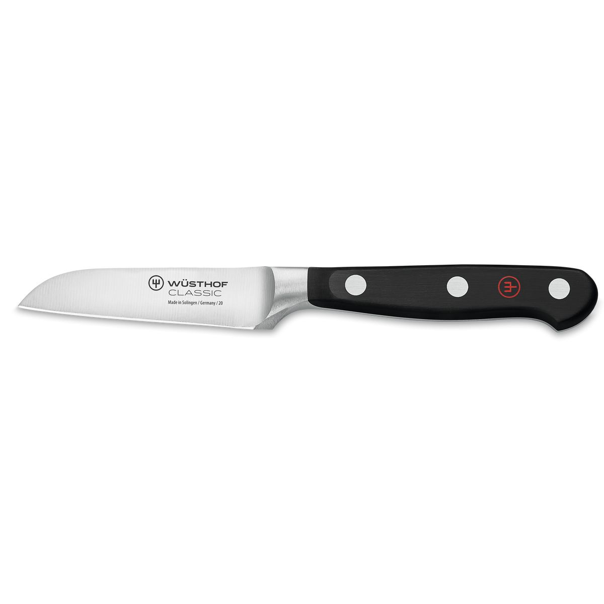 Classic 3" Flat Cut Paring Knife with a sharp, forged stainless steel blade and a black ergonomic handle secured by three rivets for precise cutting tasks.