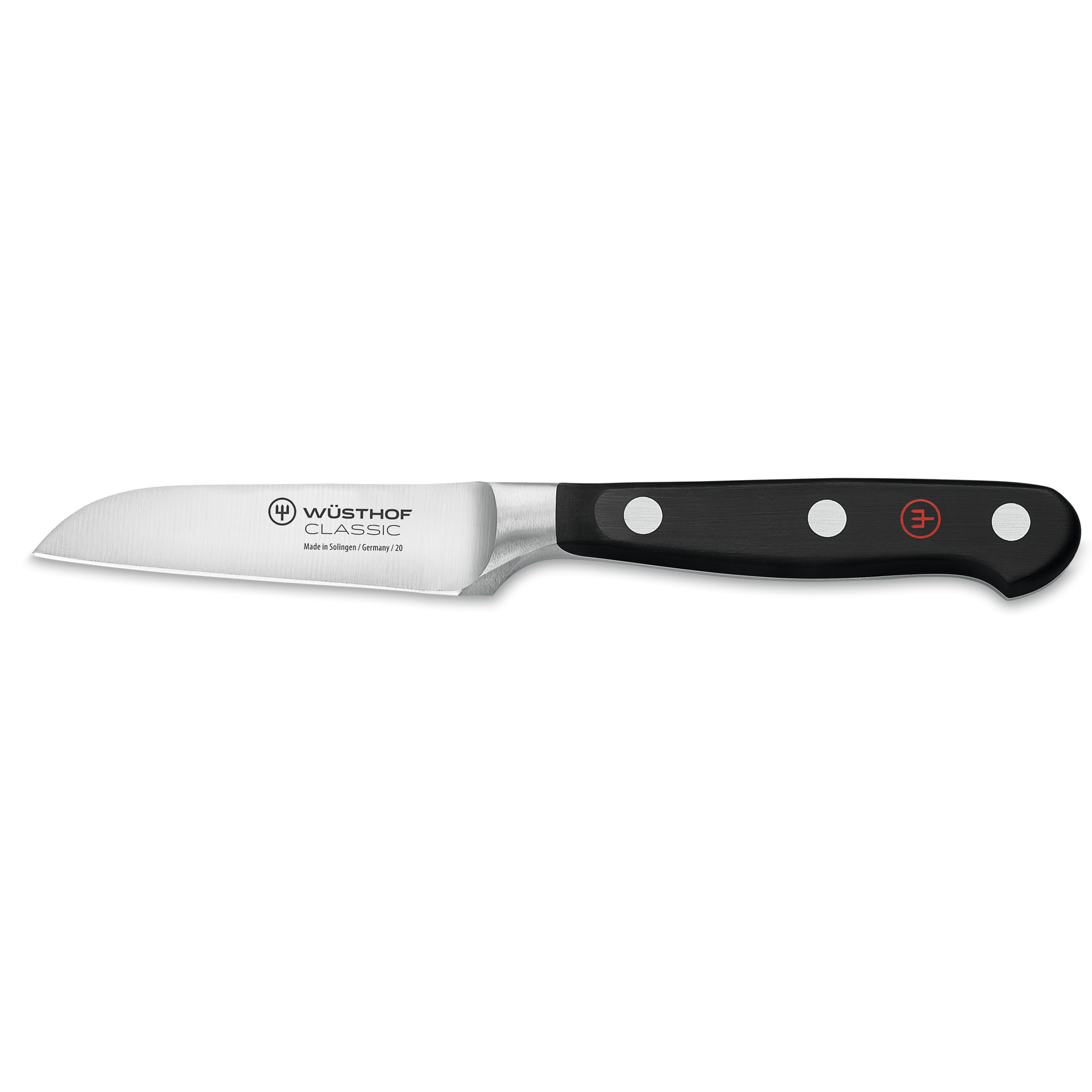 Classic 3" Flat Cut Paring Knife with a sharp, forged stainless steel blade and a black ergonomic handle secured by three rivets for precise cutting tasks.