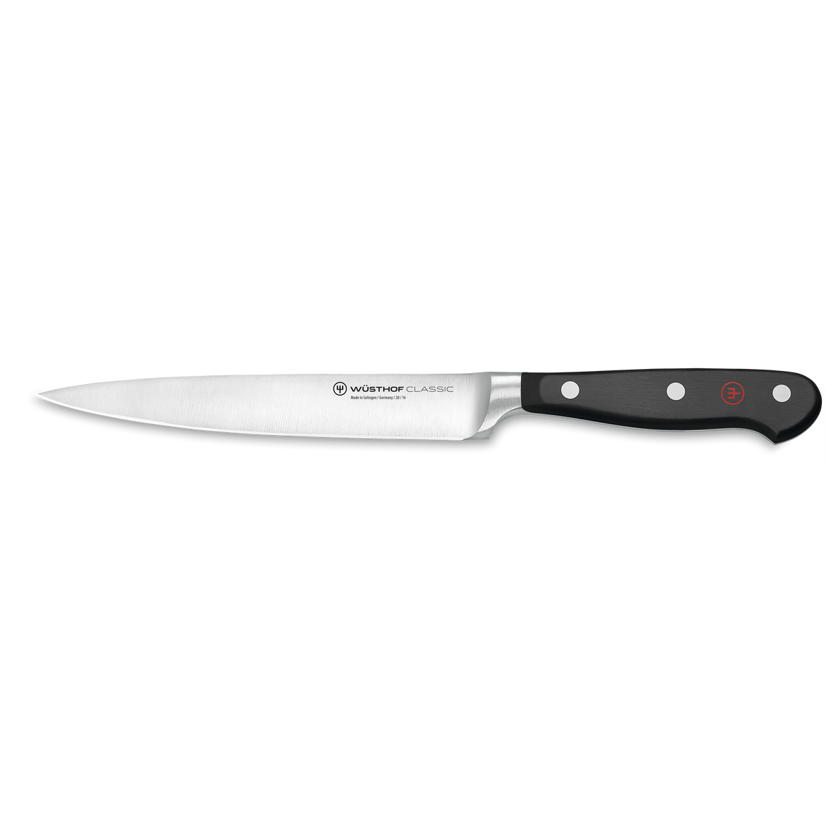 Classic 6" Fillet Knife with a slender, flexible forged German stainless steel blade and black triple-riveted handle for precise filleting tasks.