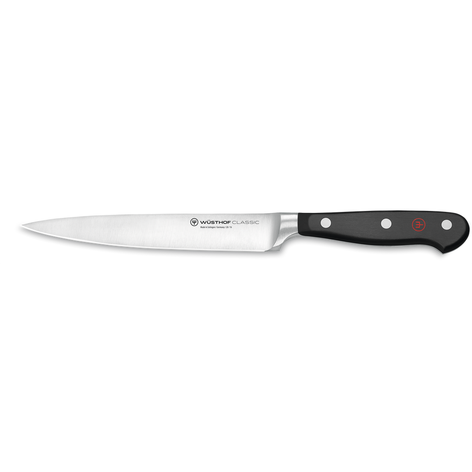 Classic 6" Fillet Knife with a slender, flexible forged German stainless steel blade and black triple-riveted handle for precise filleting tasks.