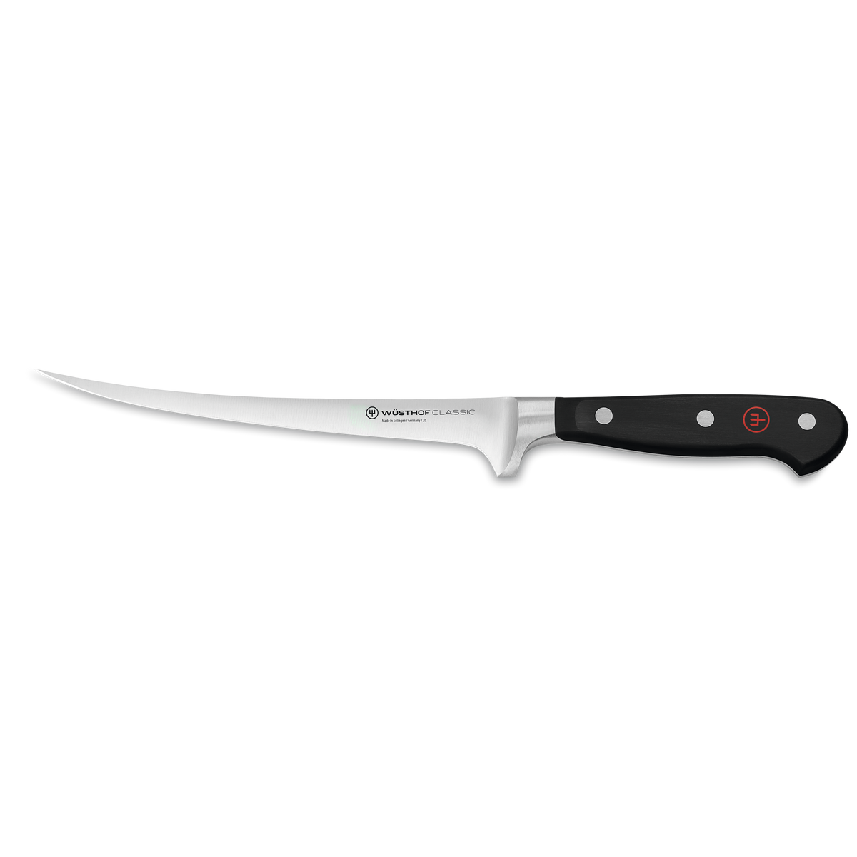 Classic 7" Fillet Knife with a slender, flexible forged stainless steel blade and a triple-riveted black handle designed for precise filleting and delicate slicing tasks.