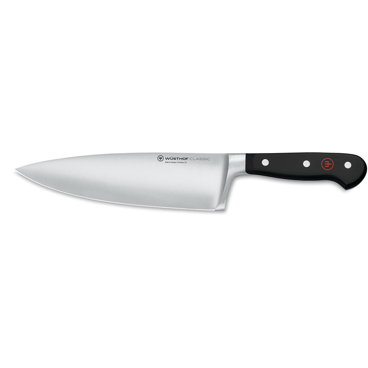 Classic 8" Extra Wide Chef's Knife with a broad, sharp forged stainless steel blade and ergonomic black handle featuring three rivets and a red logo.