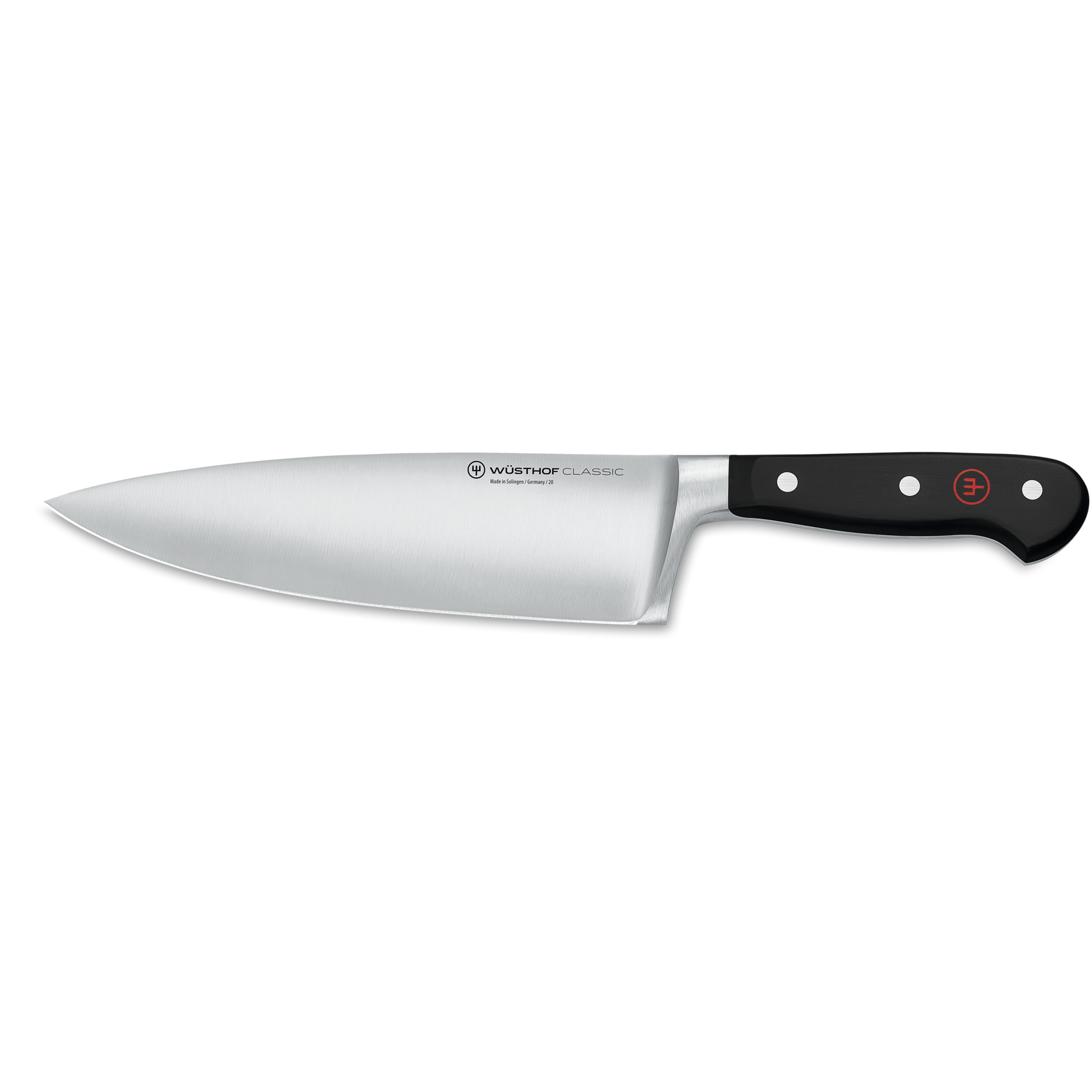 Classic 8" Extra Wide Chef's Knife with a broad, sharp forged stainless steel blade and ergonomic black handle featuring three rivets and a red logo.