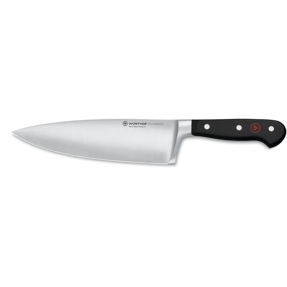Classic 8" Extra Wide Chef's Knife with a broad, sharp forged stainless steel blade and ergonomic black handle featuring three rivets and a red logo.