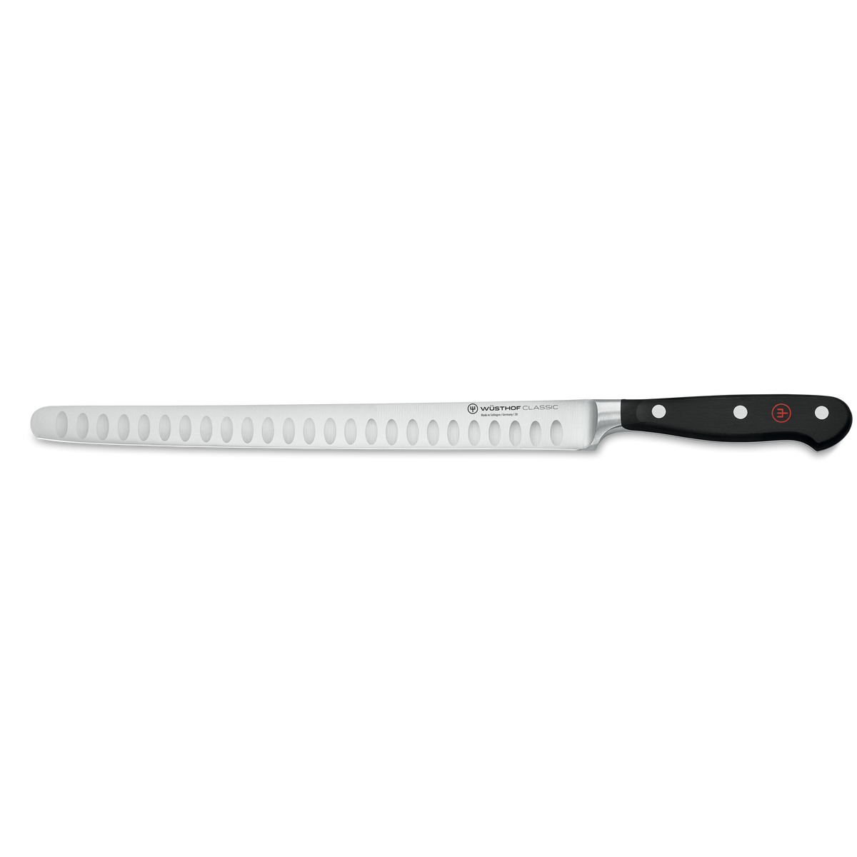 Classic 10" Hollow Edge Ham Slicer with a long, narrowly forged stainless steel blade featuring oval indentations and a black triple-riveted handle for smooth slicing.