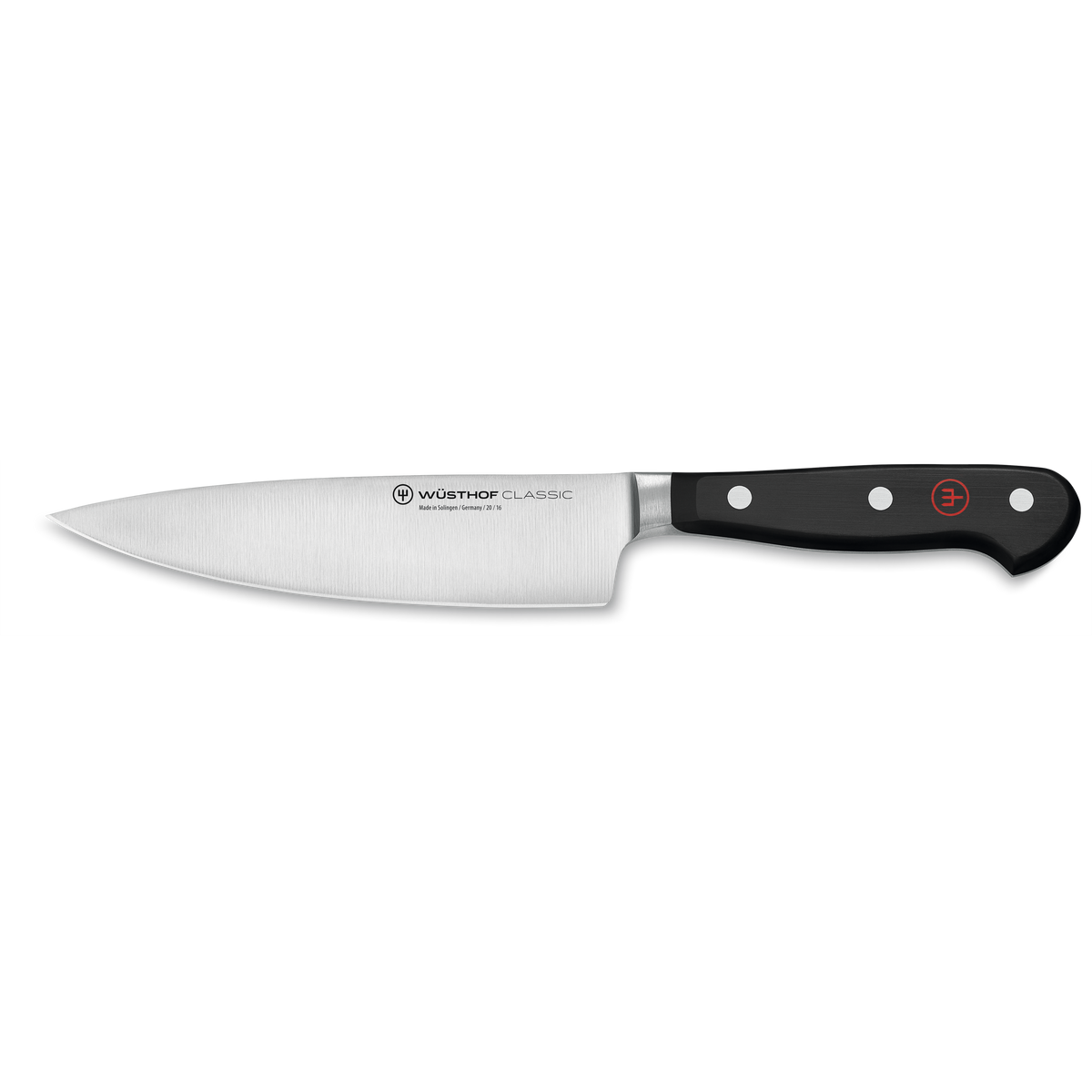 Classic 6" Half Bolster Chef's Knife with a precision-forged German stainless steel blade and ergonomic black triple-riveted handle for versatile kitchen use.
