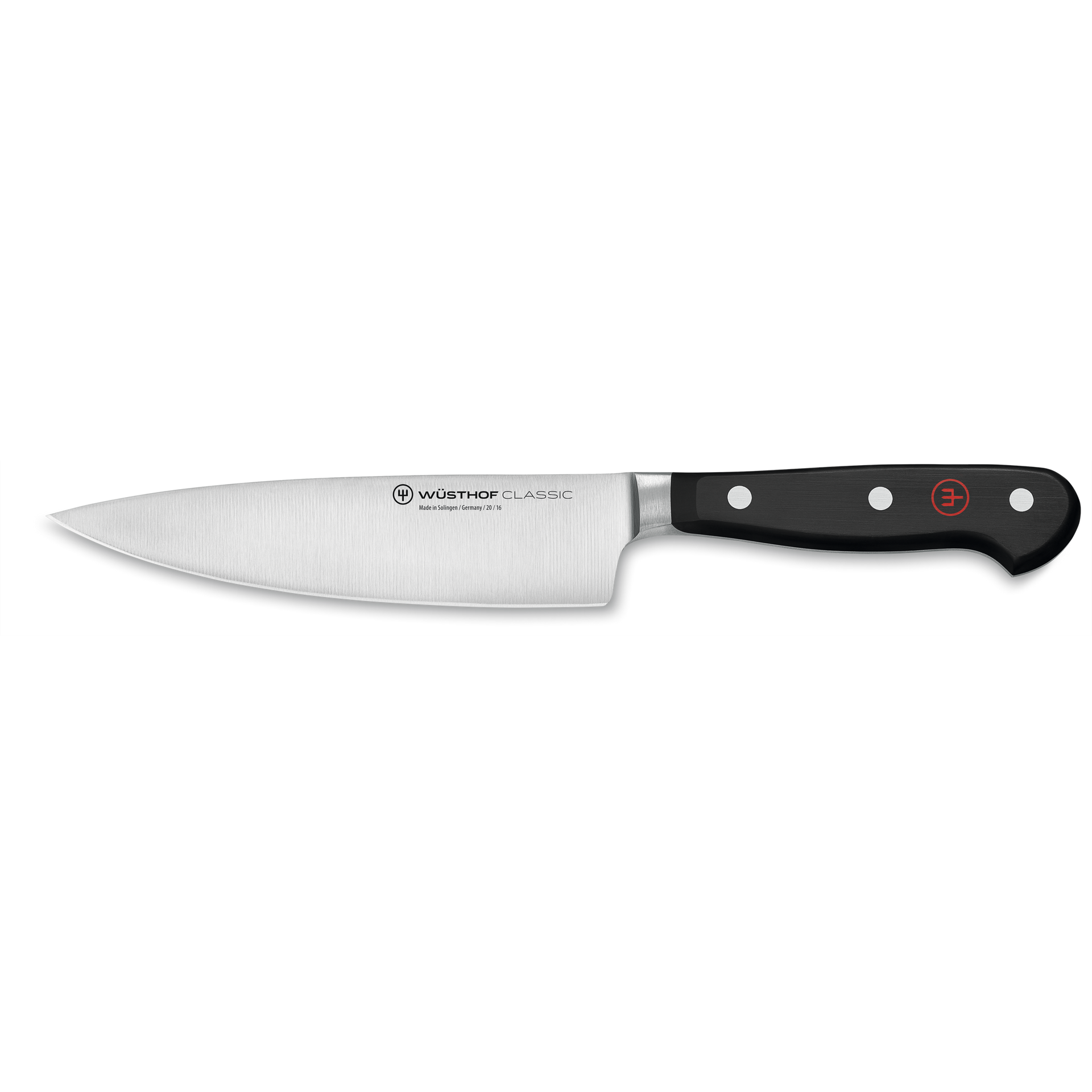 Classic 6" Half Bolster Chef's Knife with a precision-forged German stainless steel blade and ergonomic black triple-riveted handle for versatile kitchen use.