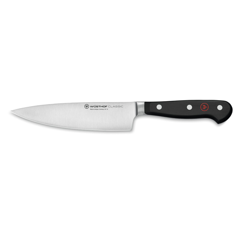 Classic 6" Half Bolster Chef's Knife with a precision-forged German stainless steel blade and ergonomic black triple-riveted handle for versatile kitchen use.
