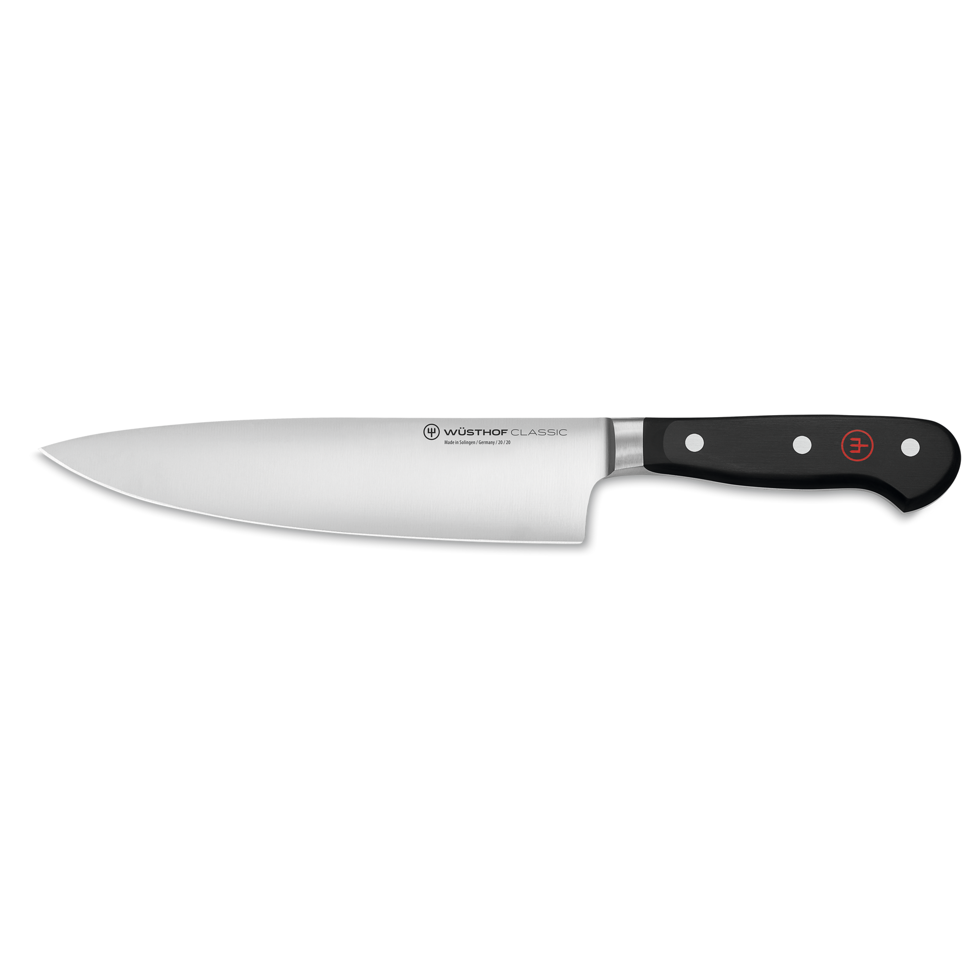 Classic 8" Half Bolster Chef's Knife with a forged German stainless steel blade and a triple-riveted black handle for balanced, precise kitchen cutting.