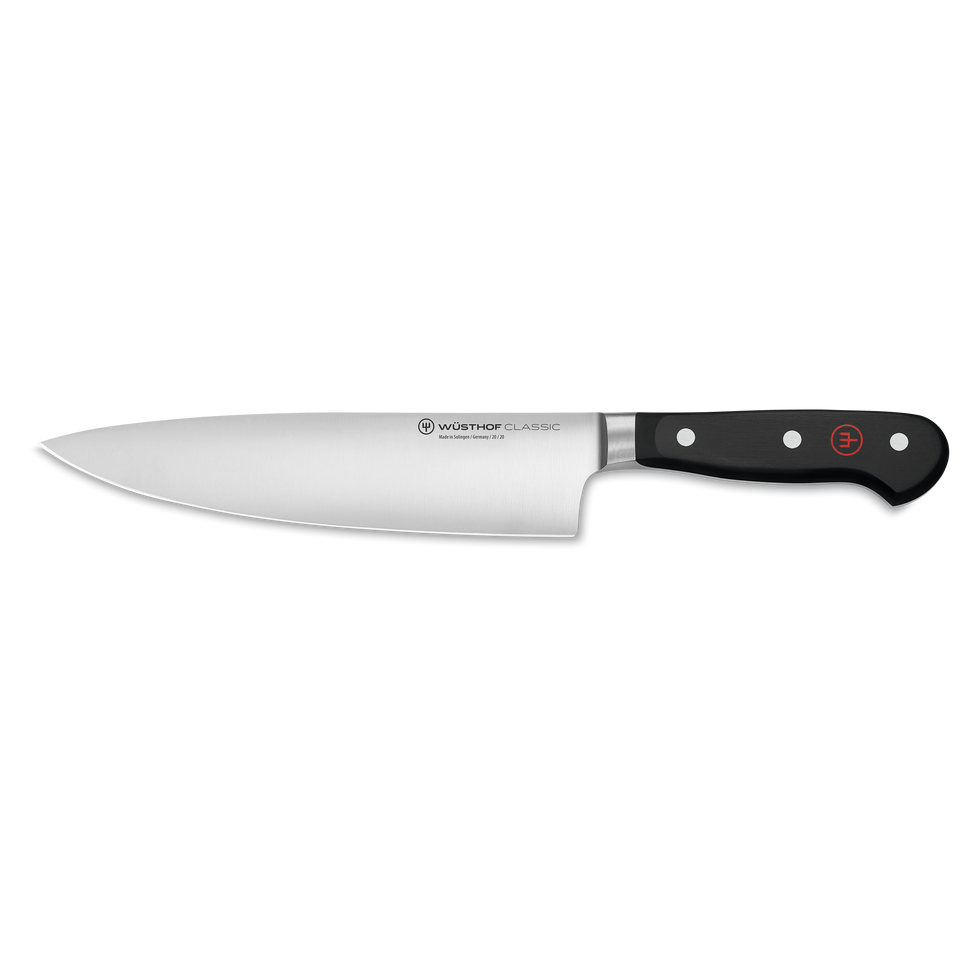 Classic 8" Half Bolster Chef's Knife with a forged German stainless steel blade and a triple-riveted black handle for balanced, precise kitchen cutting.
