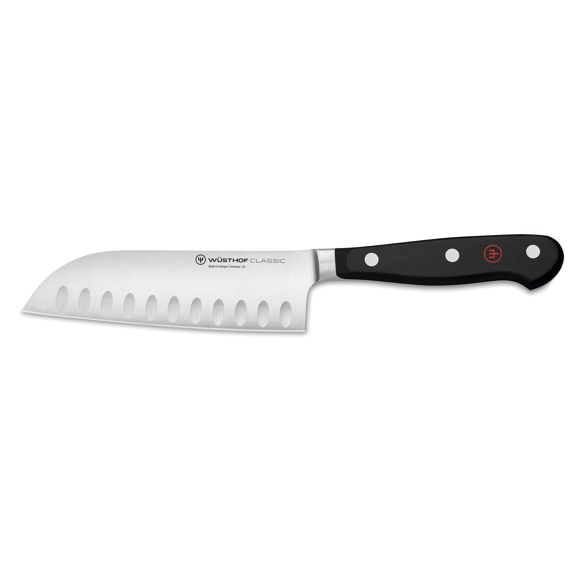 Classic 5" Hollow Edge Santoku featuring a forged stainless steel blade with hollow indentations and a triple-riveted ergonomic black handle for versatile kitchen tasks.