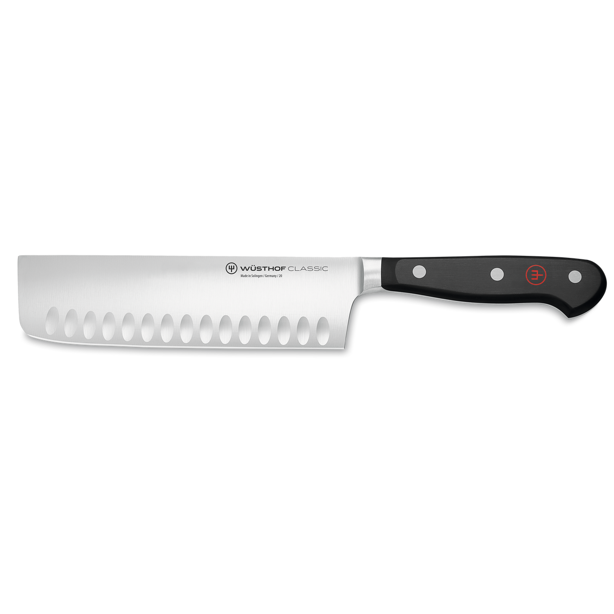 Classic 7" Hollow Edge Nakiri featuring a hollow edge German steel blade with scalloped indentations and a triple-riveted black handle for precise vegetable cutting.