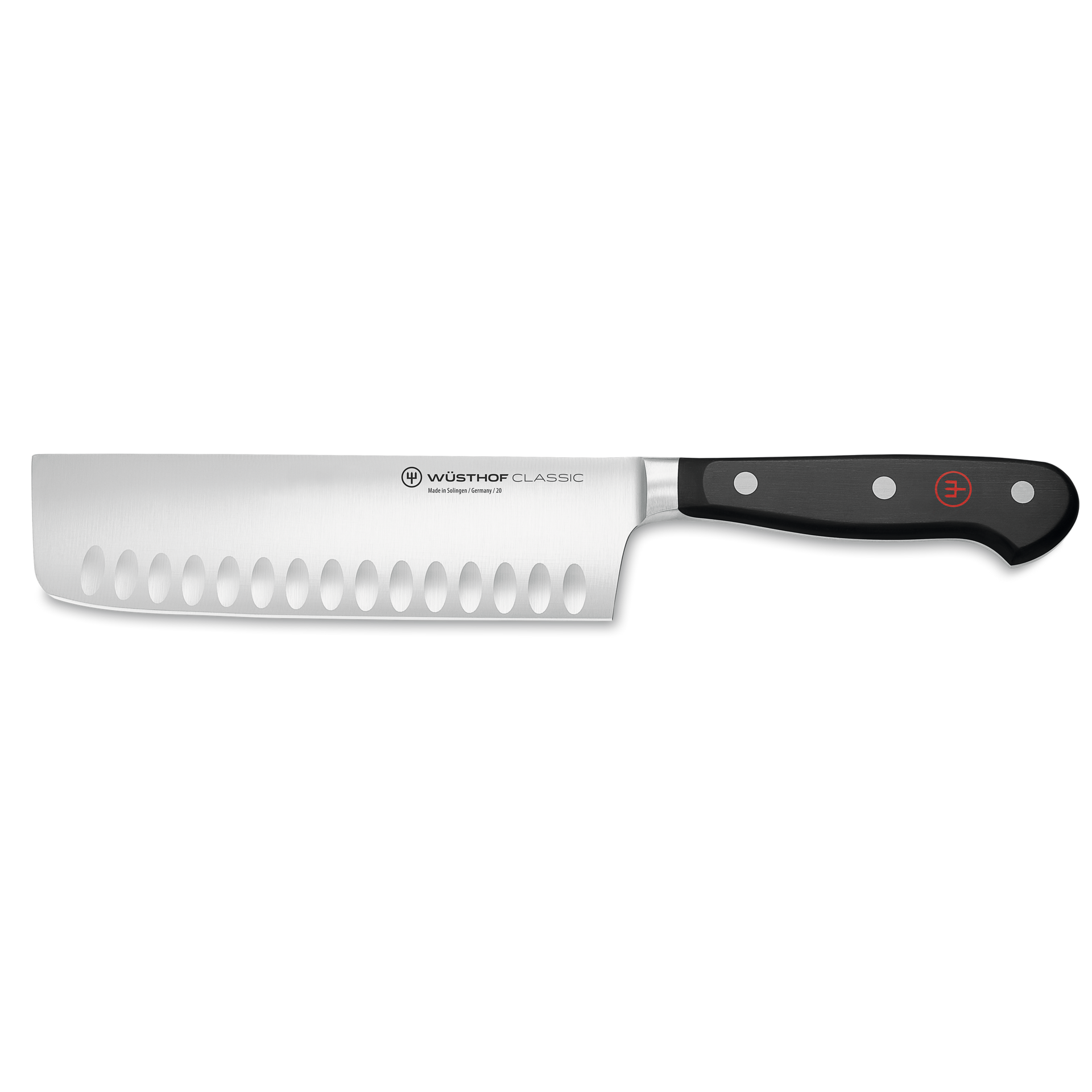 Classic 7" Hollow Edge Nakiri featuring a hollow edge German steel blade with scalloped indentations and a triple-riveted black handle for precise vegetable cutting.