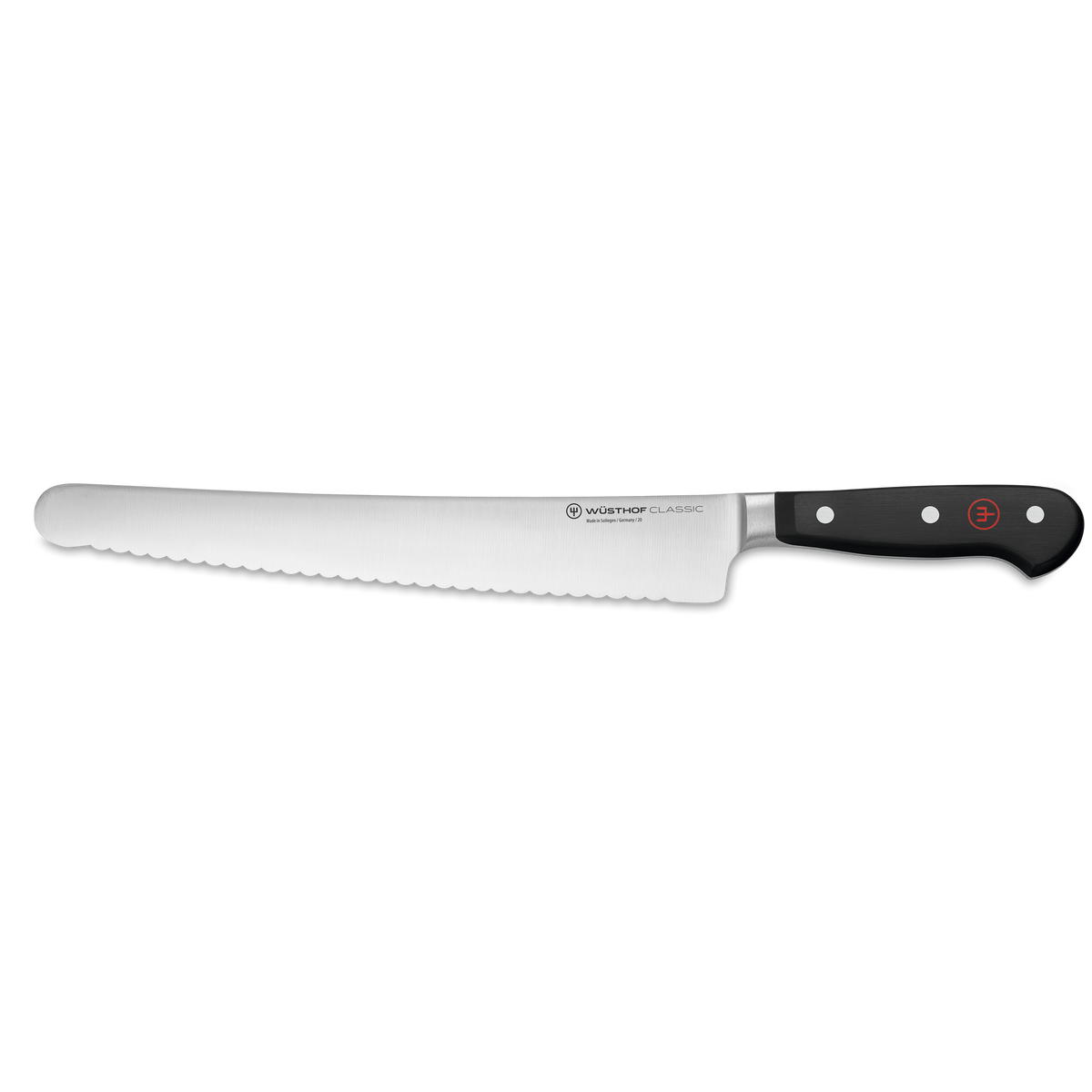 Classic 10" Super Slicer featuring a long, serrated forged German steel blade and a triple-riveted black handle for precise slicing and durability.