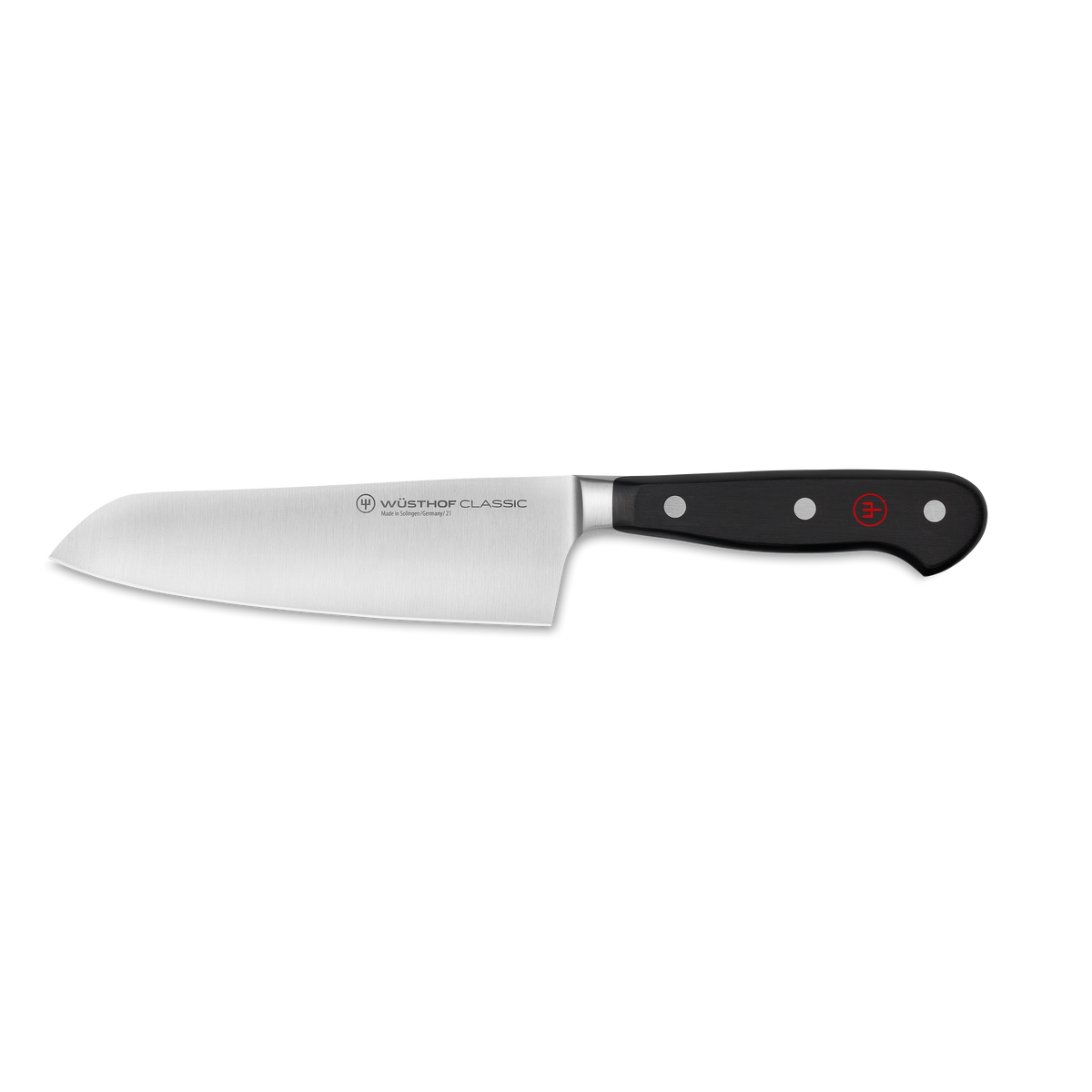 Classic 6" Kiritsuke featuring a sharp forged German steel blade with a polished finish and a sturdy black ergonomic handle secured by three rivets.