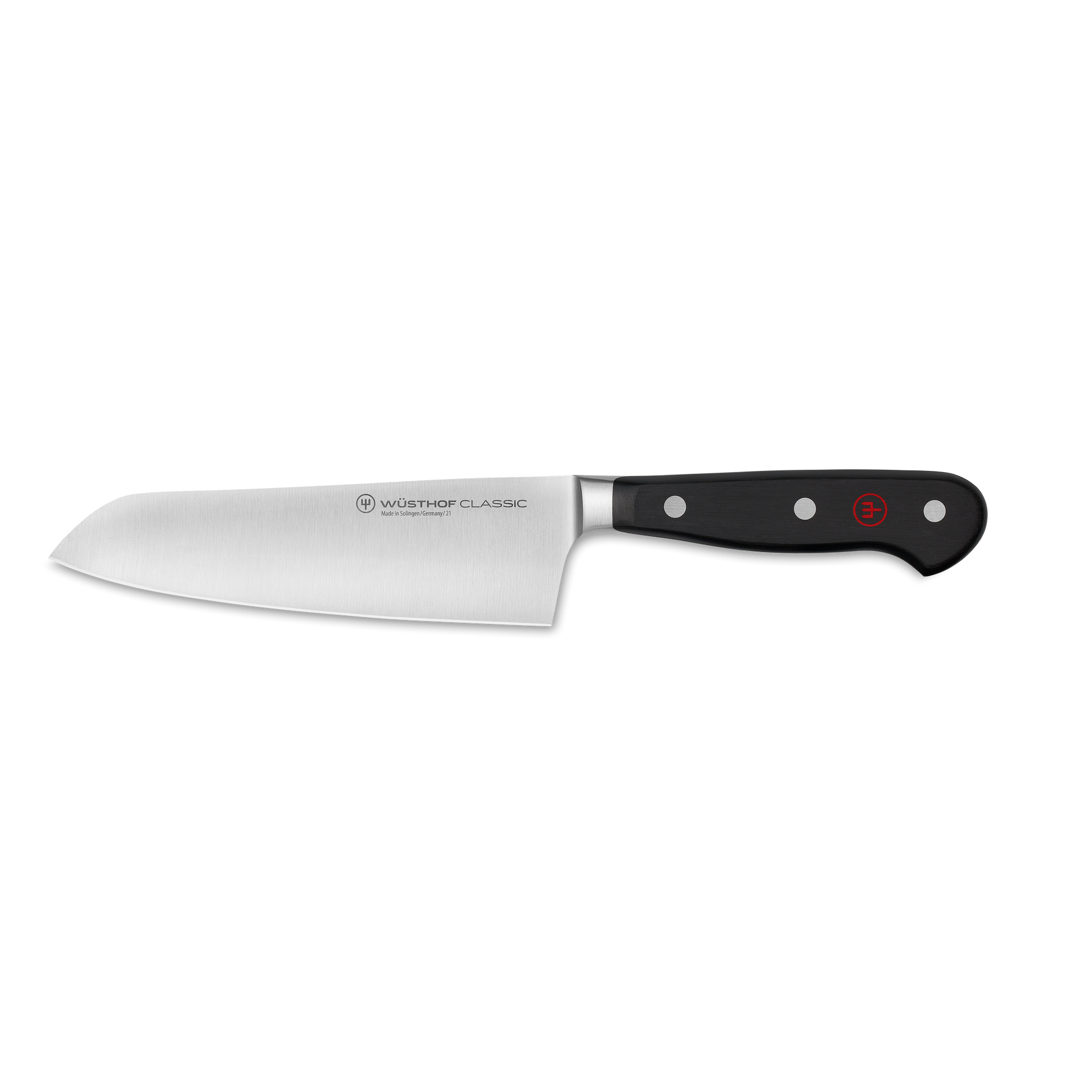 Classic 6" Kiritsuke featuring a sharp forged German steel blade with a polished finish and a sturdy black ergonomic handle secured by three rivets.