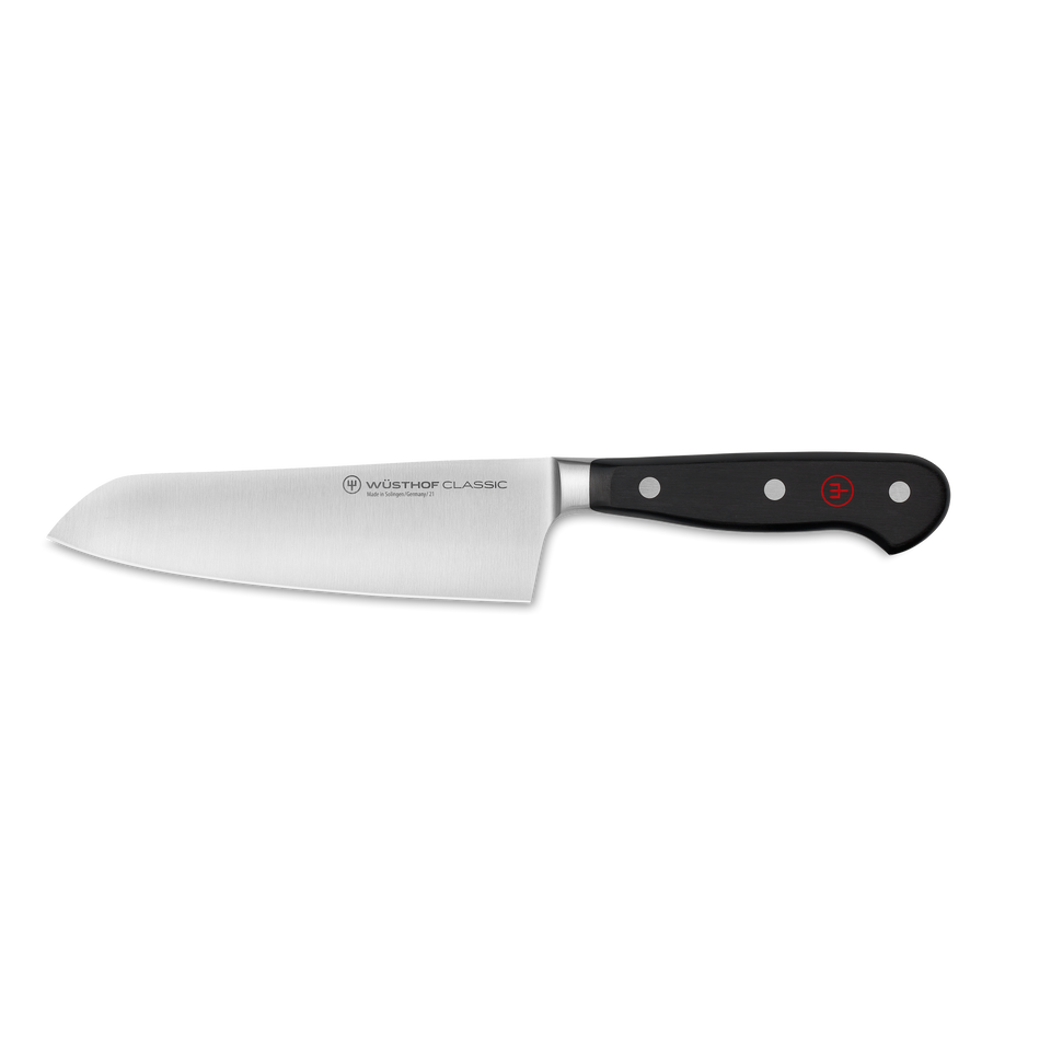Classic 6" Kiritsuke featuring a sharp forged German steel blade with a polished finish and a sturdy black ergonomic handle secured by three rivets.