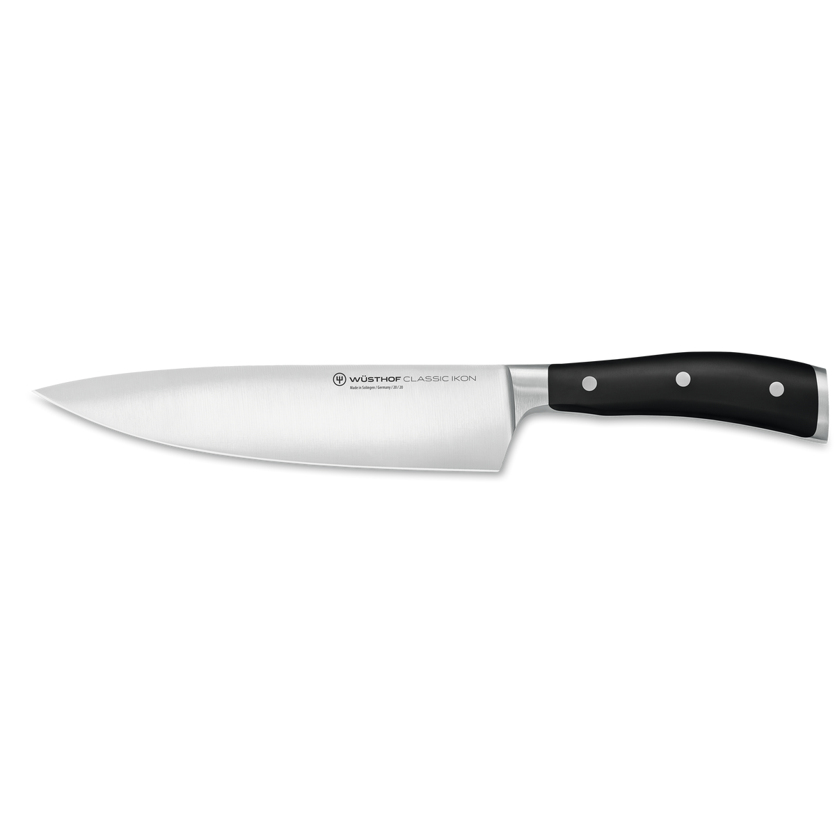 Classic Ikon 8" Chef's Knife with a sharp forged German steel blade and a triple-riveted ergonomic black handle for precise and durable kitchen cutting.