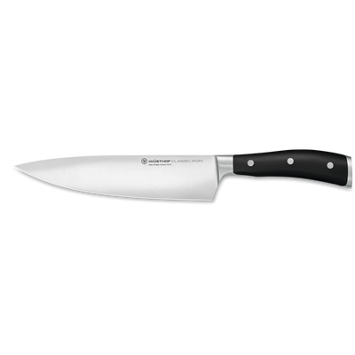 Classic Ikon 8" Chef's Knife with a sharp forged German steel blade and a triple-riveted ergonomic black handle for precise and durable kitchen cutting.
