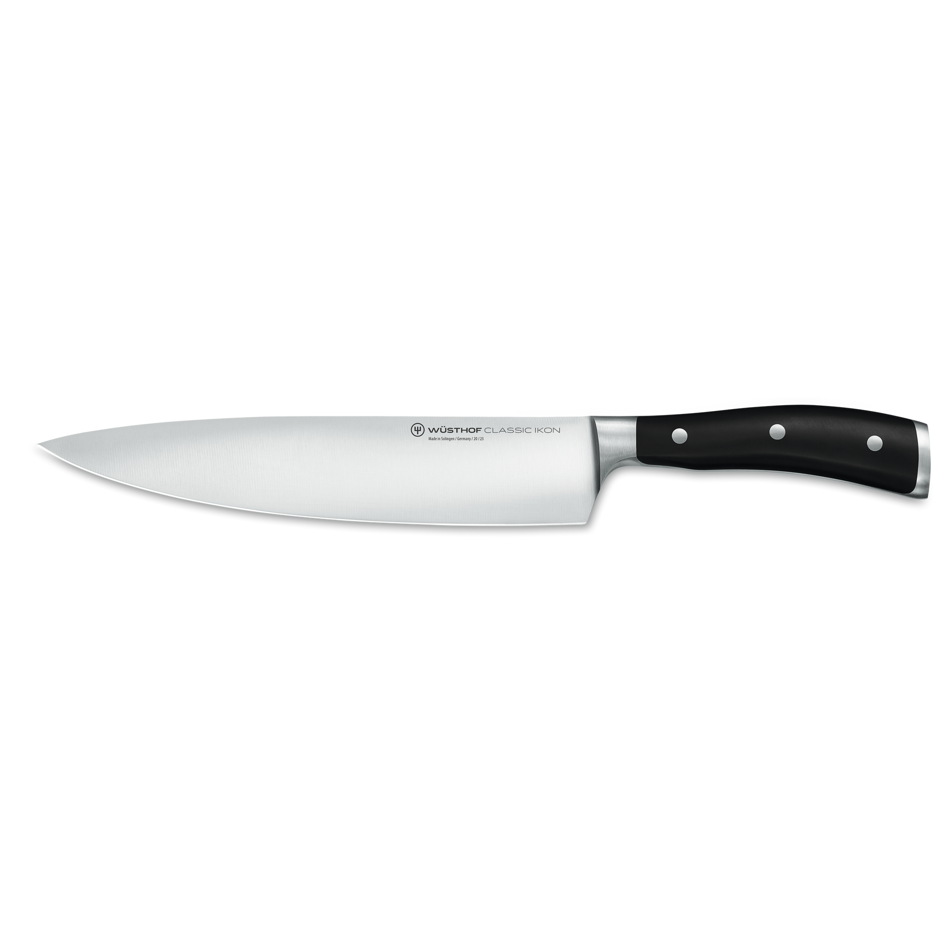 Classic Ikon 9" Chef's Knife with a precision-forged German stainless steel blade and ergonomic triple-riveted black handle for balanced cutting.