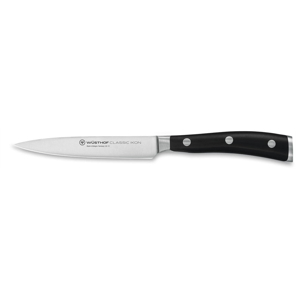 Classic Ikon 4 1/2" Utility Knife featuring a forged German steel blade and a triple-riveted black handle for precise and reliable kitchen tasks.