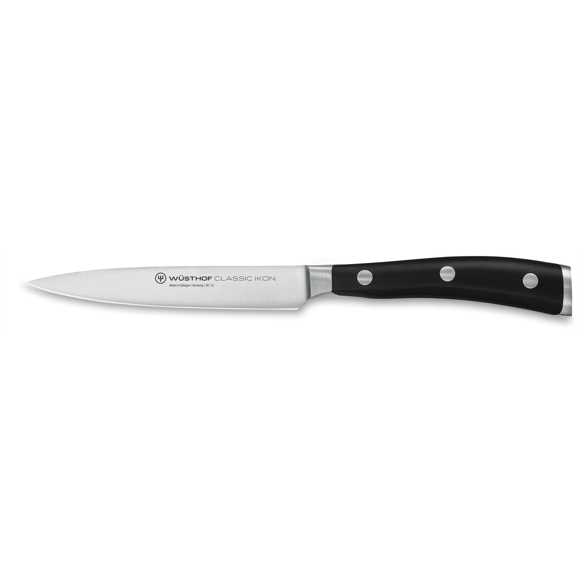 Classic Ikon 4 1/2" Utility Knife featuring a forged German steel blade and a triple-riveted black handle for precise and reliable kitchen tasks.