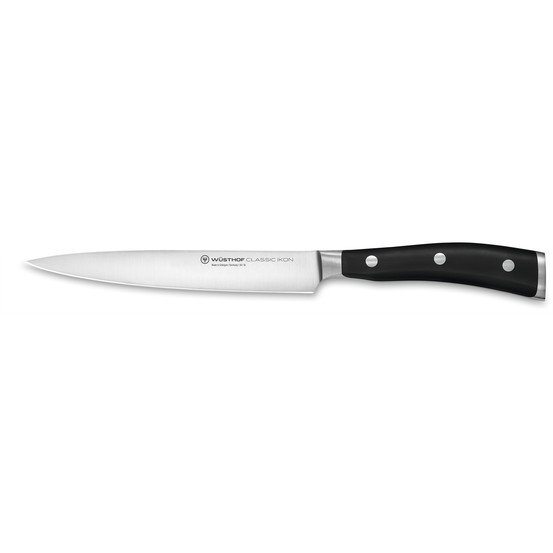 Classic Ikon 6" Utility Knife with a forged German steel blade and durable triple-riveted black handle for precise kitchen cutting tasks.