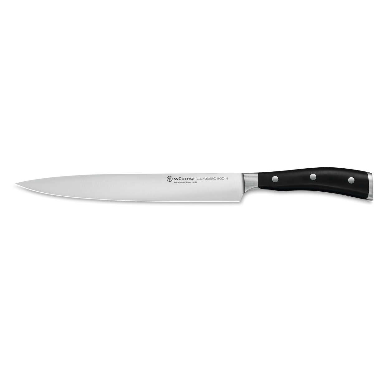 Classic Ikon 9" Carving Knife featuring a forged German stainless steel blade with a full tang and a triple-riveted black handle designed for precise slicing.