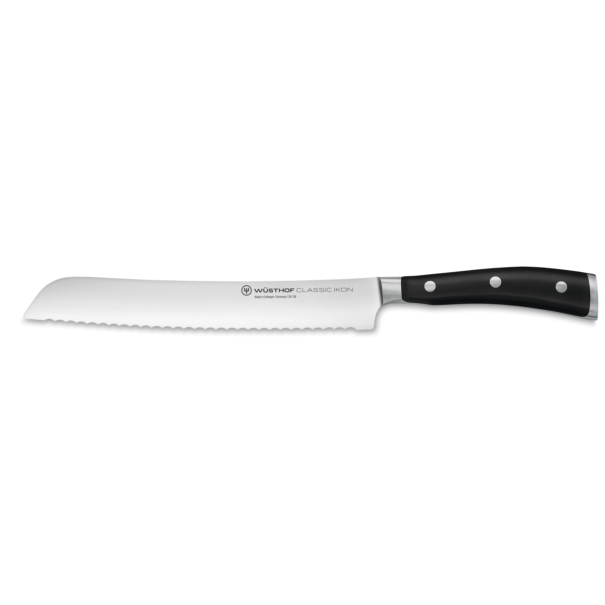 Classic Ikon 8" Bread Knife featuring a serrated forged German steel blade and a triple-riveted black handle for effortless bread slicing.