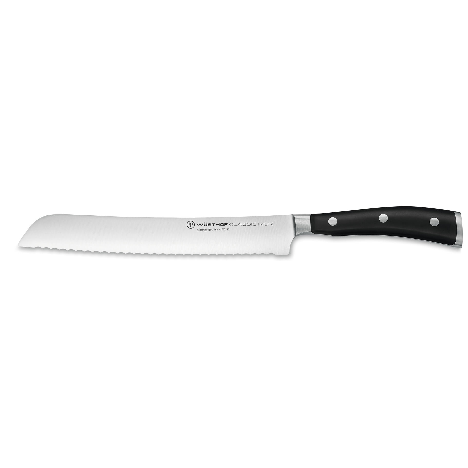 Classic Ikon 8" Bread Knife featuring a serrated forged German steel blade and a triple-riveted black handle for effortless bread slicing.