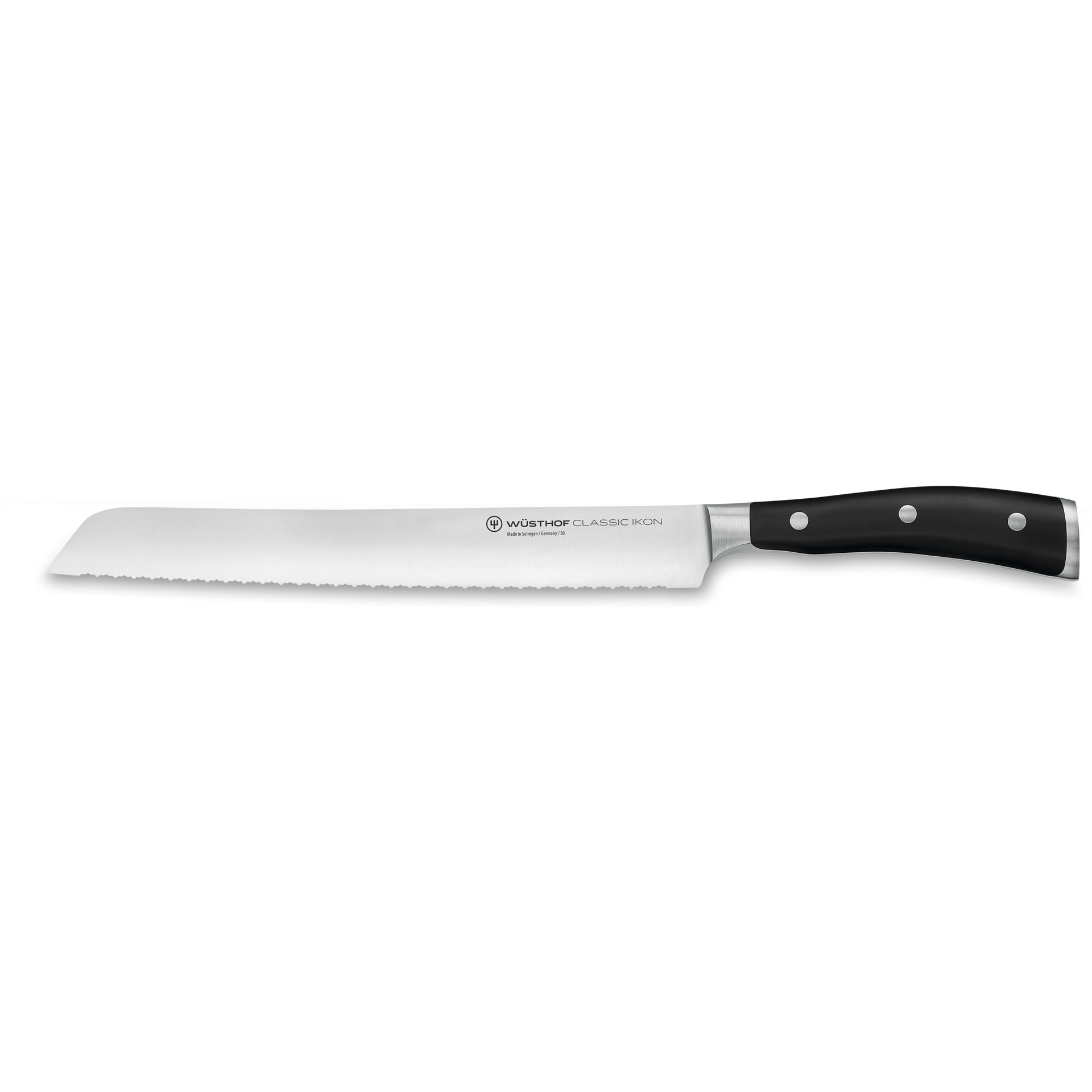 Classic Ikon 9" Precision Double-Serrated Bread Knife with a forged German steel blade and a triple-riveted black handle for clean, precise slicing.