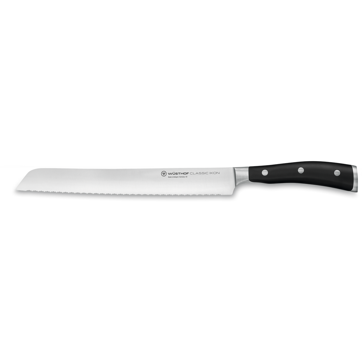 WÜSTHOF Classic Ikon bread knife with serrated forged stainless steel blade and triple-riveted black handle from the Classic Ikon 7-Piece Knife Block Set.