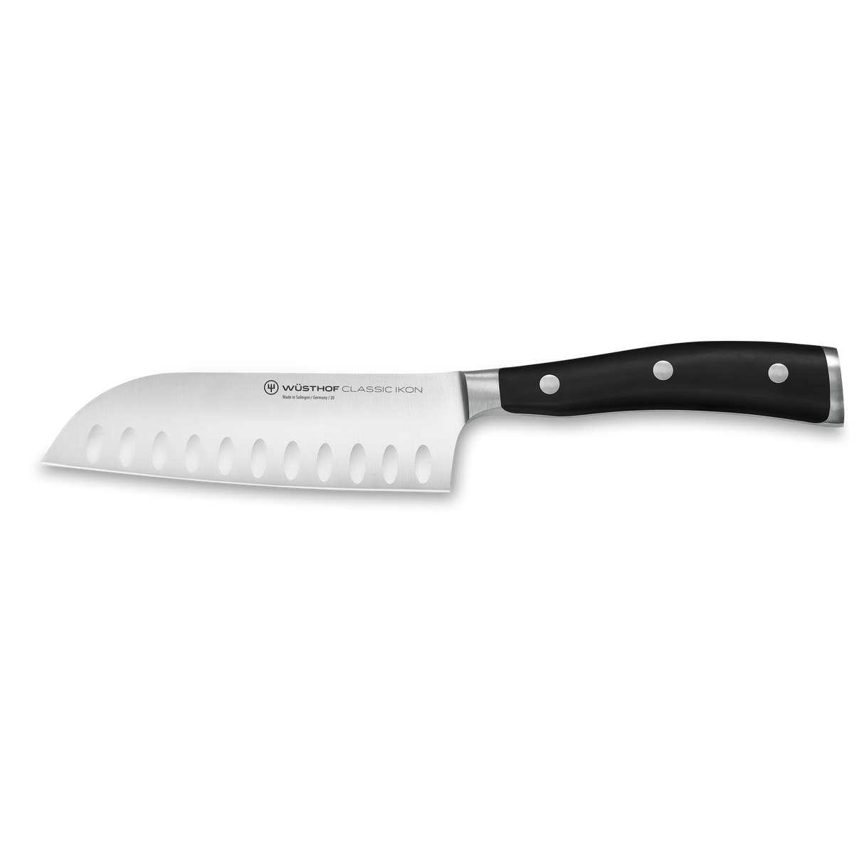 Classic Ikon 5" Hollow Edge Santoku featuring a forged German steel blade with hollowed edges and a triple-riveted black handle for precise kitchen cutting.