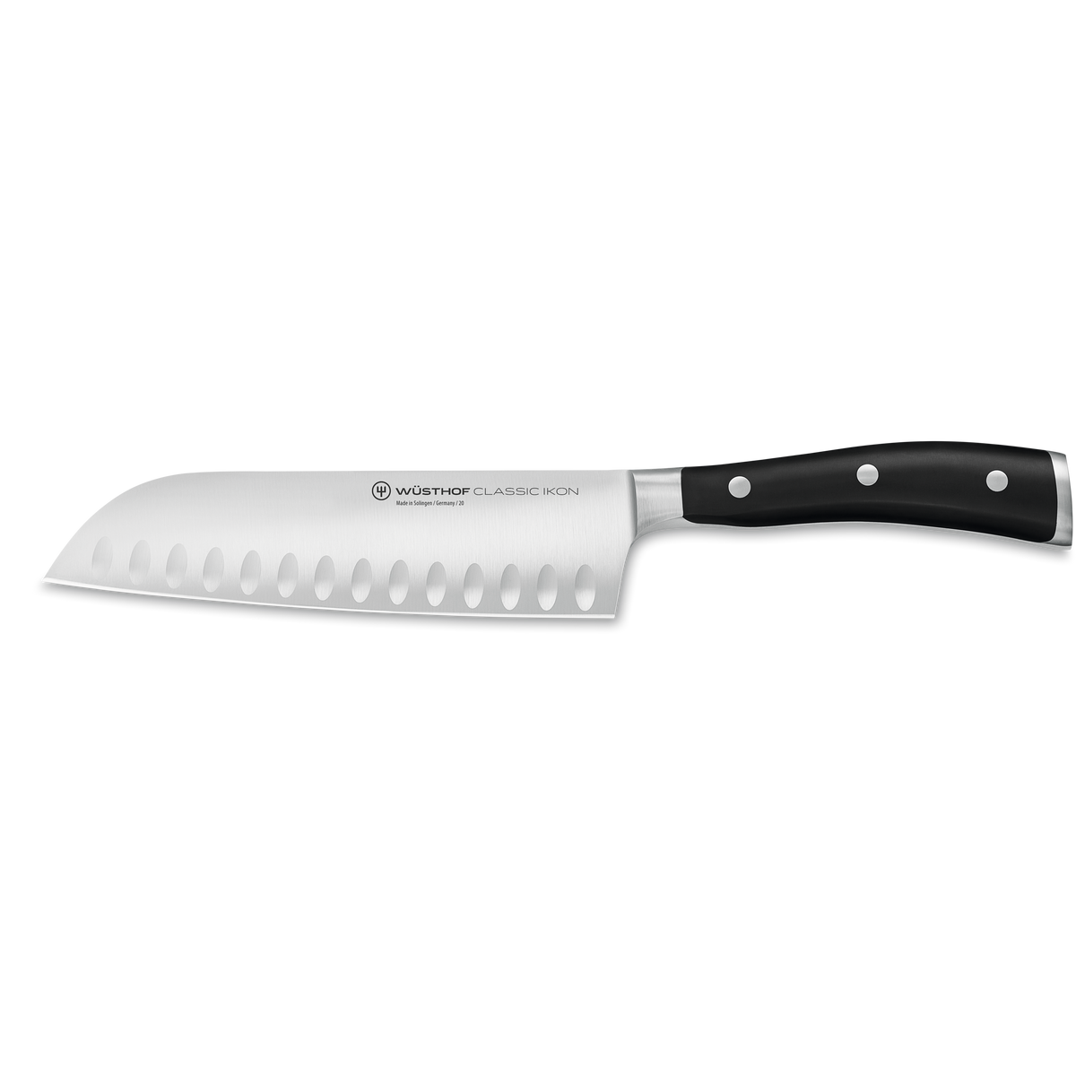 Classic Ikon 7" Hollow Edge Santoku with a forged German steel blade featuring scalloped hollows and a smooth triple-riveted black handle for precise kitchen cutting.