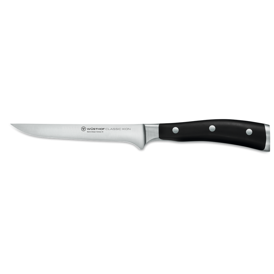 Classic Ikon 5" Boning Knife featuring a slender forged German steel blade and ergonomic black triple-riveted handle for precise boning tasks.