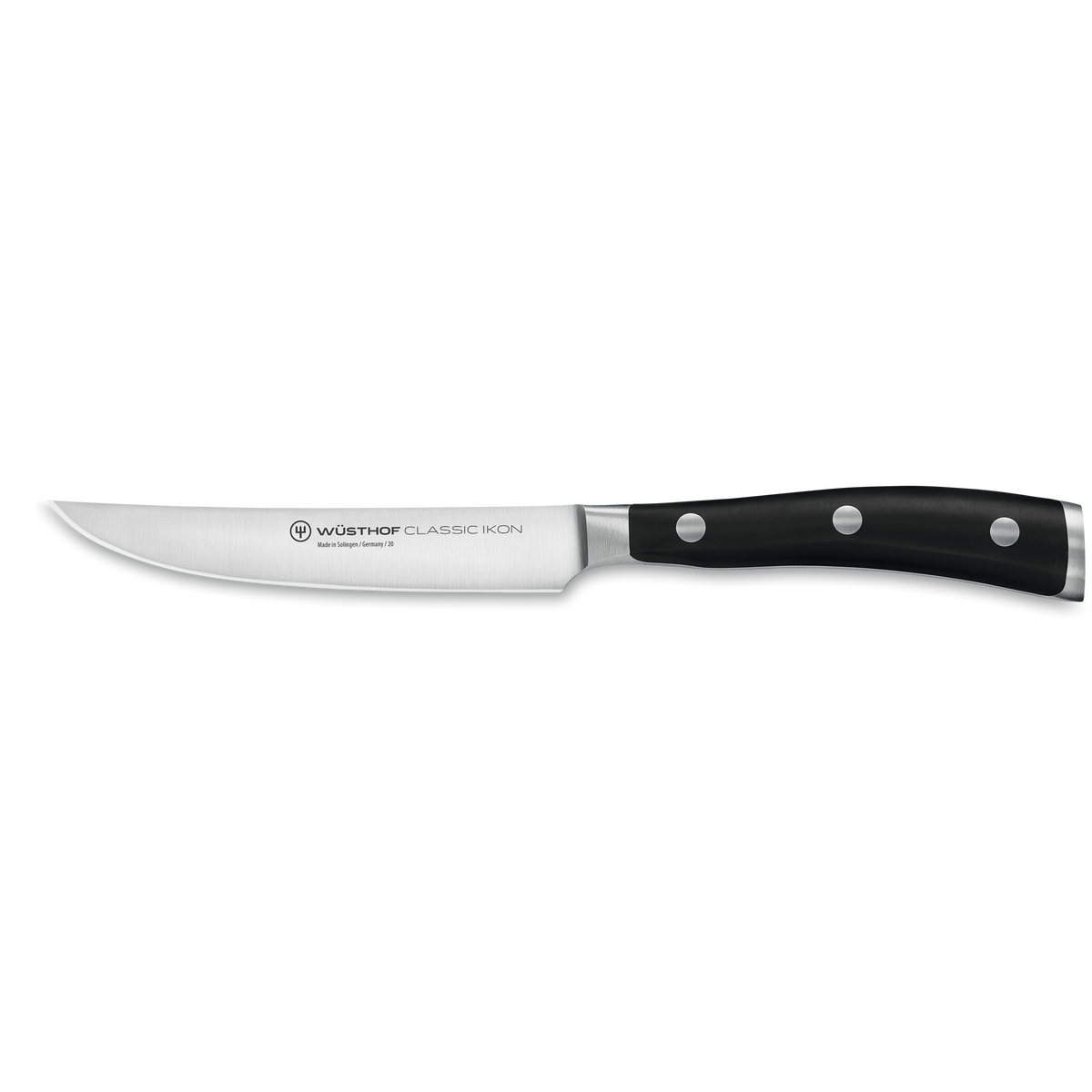 Classic Ikon 4 1/2" Steak Knife featuring a finely forged German steel blade with a sleek triple-riveted black handle for precise steak cutting.