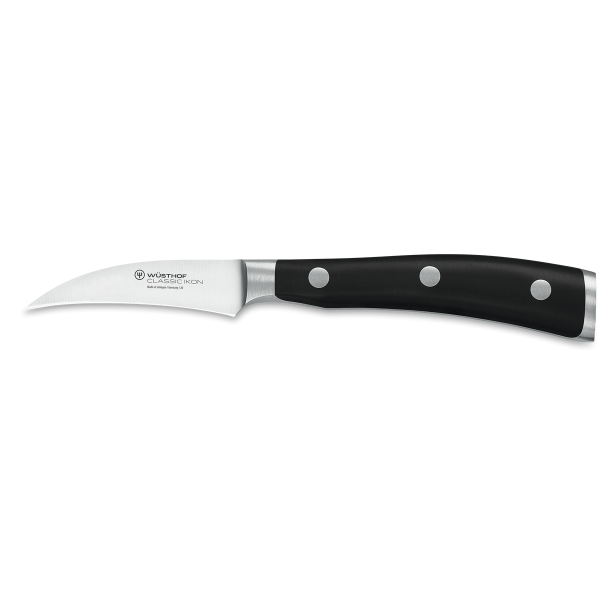 Classic Ikon 2 3/4" Peeling Knife with a curved forged German steel blade and triple-riveted black handle designed for precision peeling and trimming.