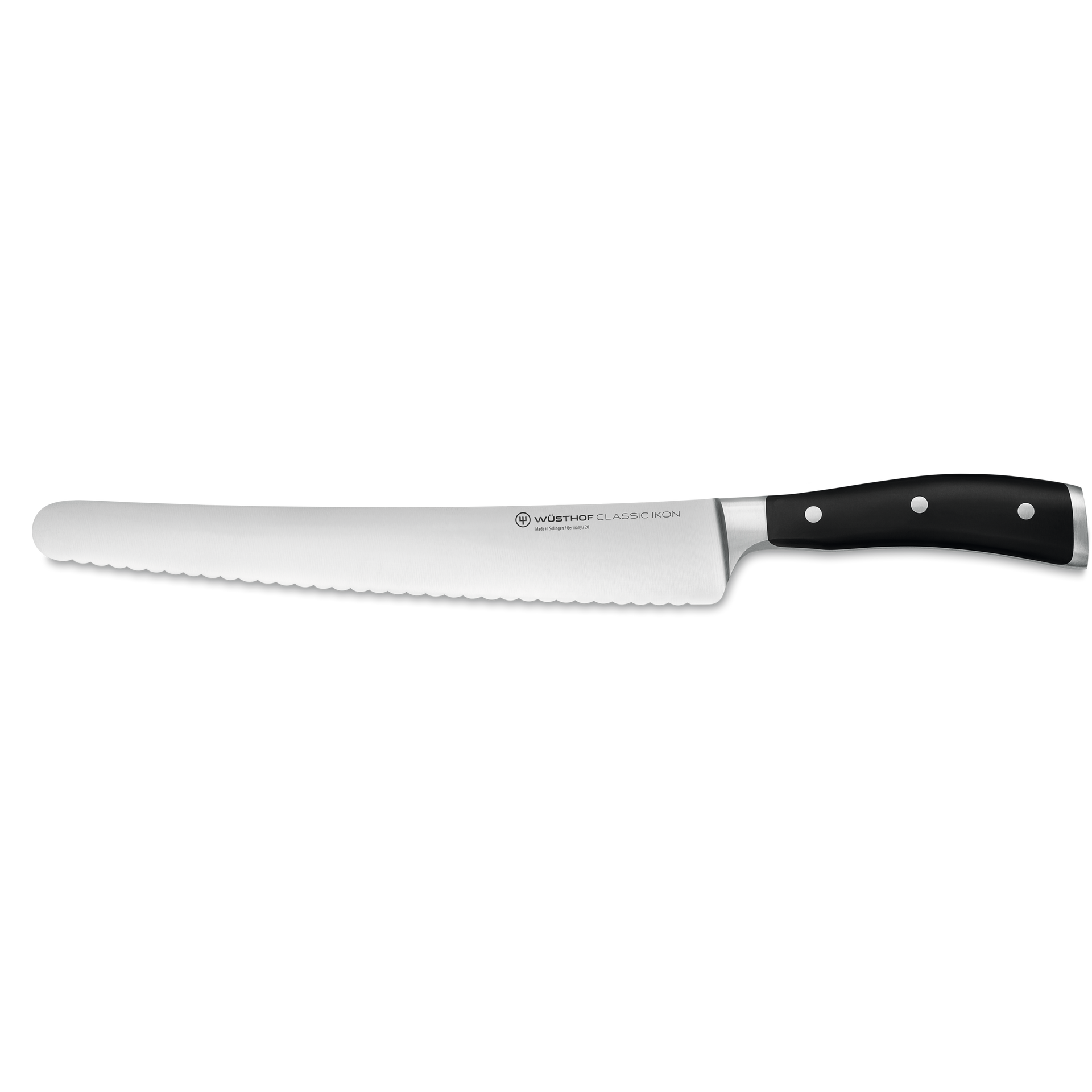 Classic Ikon 10" Super Slicer with a finely serrated forged German steel blade and ergonomic triple-riveted black handle for precise slicing.