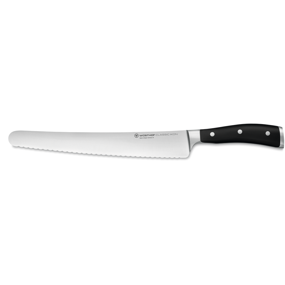 Classic Ikon 10" Super Slicer with a finely serrated forged German steel blade and ergonomic triple-riveted black handle for precise slicing.