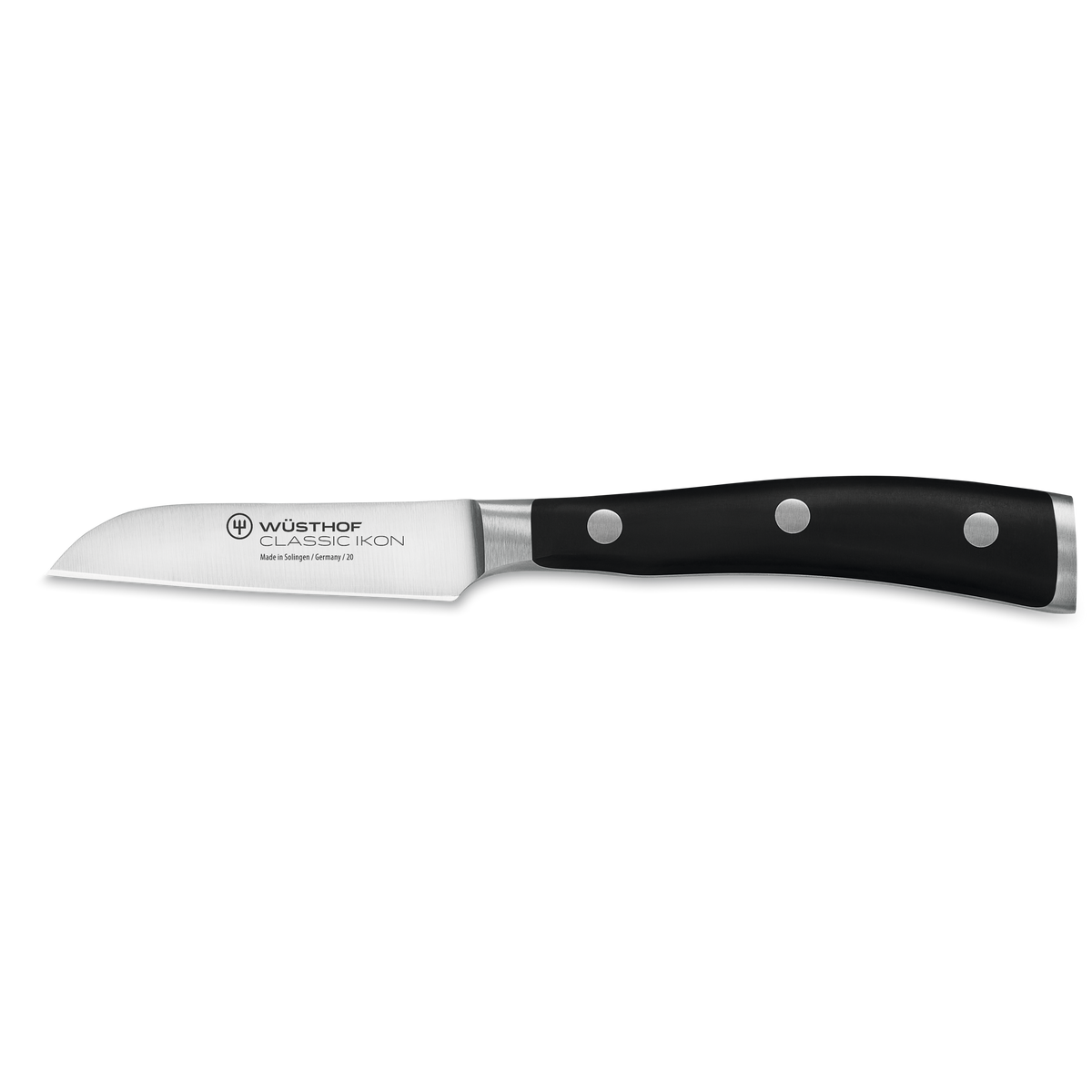 Classic Ikon 3" Flat Cut Paring Knife featuring a forged German steel blade and ergonomic triple-riveted black handle for precise kitchen tasks.