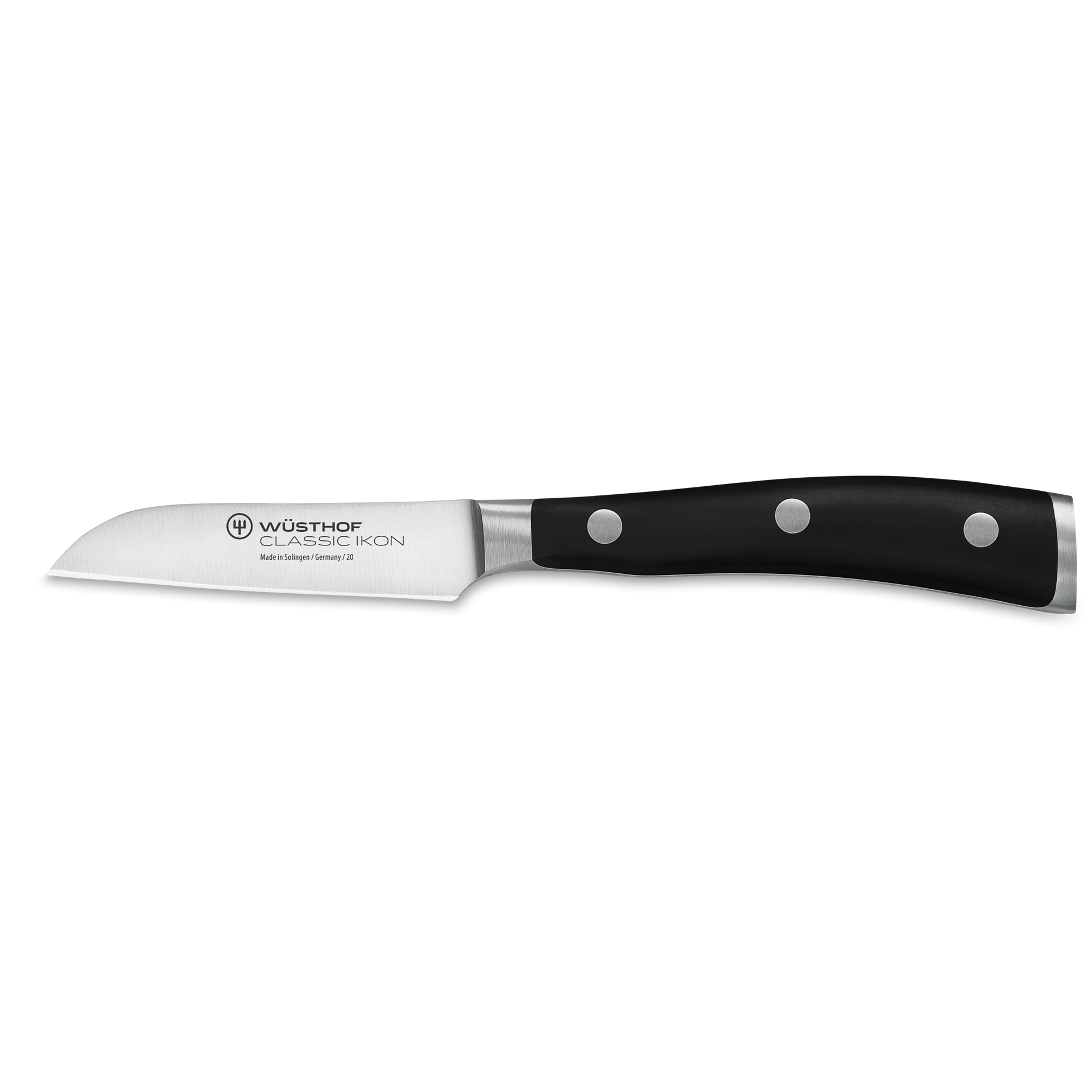 Classic Ikon 3" Flat Cut Paring Knife featuring a forged German steel blade and ergonomic triple-riveted black handle for precise kitchen tasks.