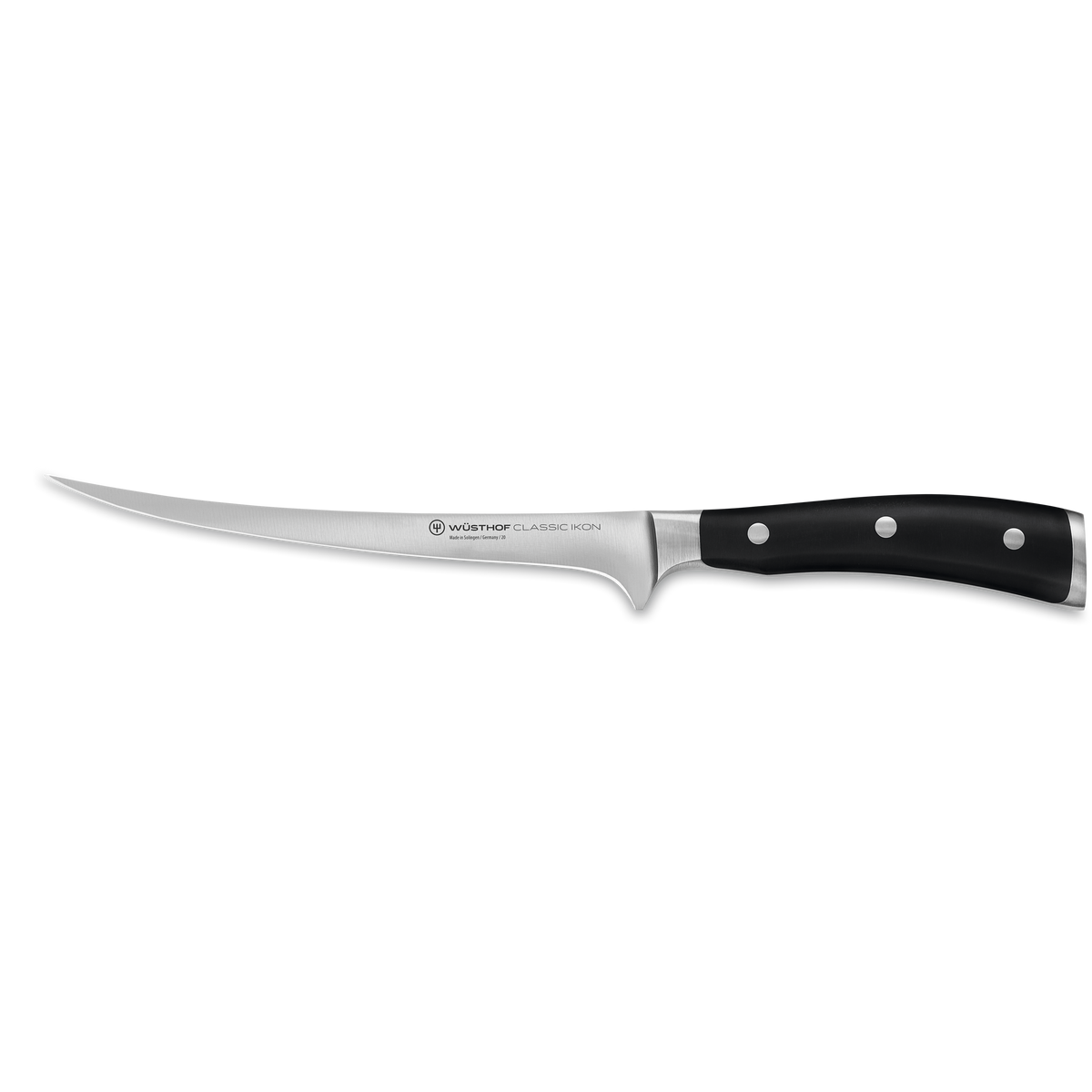 Classic Ikon 7" Fillet Knife with a flexible, precision-forged German steel blade and a sturdy triple-riveted black handle for delicate filleting tasks.