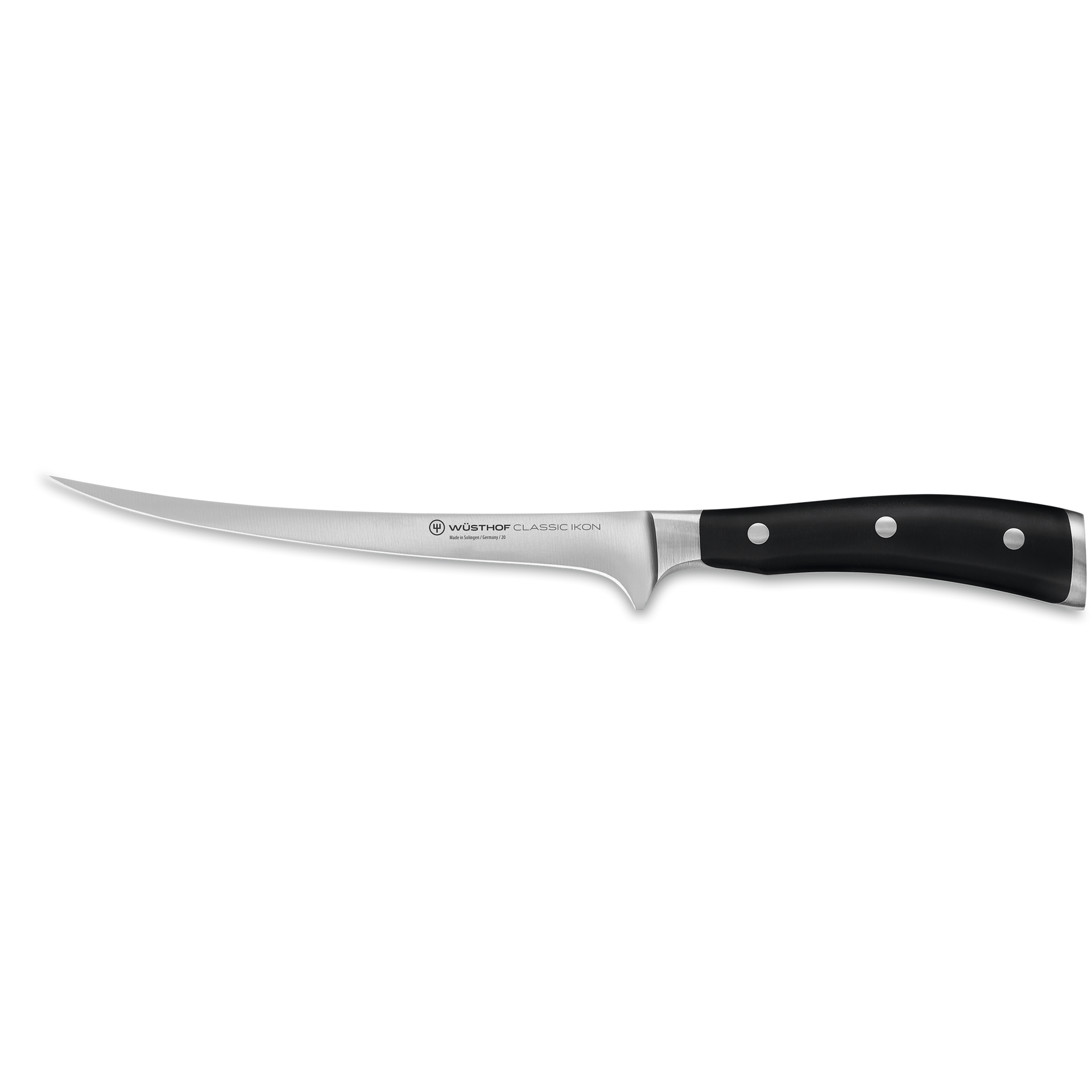 Classic Ikon 7" Fillet Knife with a flexible, precision-forged German steel blade and a sturdy triple-riveted black handle for delicate filleting tasks.