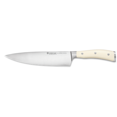 Classic Ikon 8" Chef's Knife with a forged German steel blade and smooth triple-riveted ivory handle for precise and durable kitchen cutting.