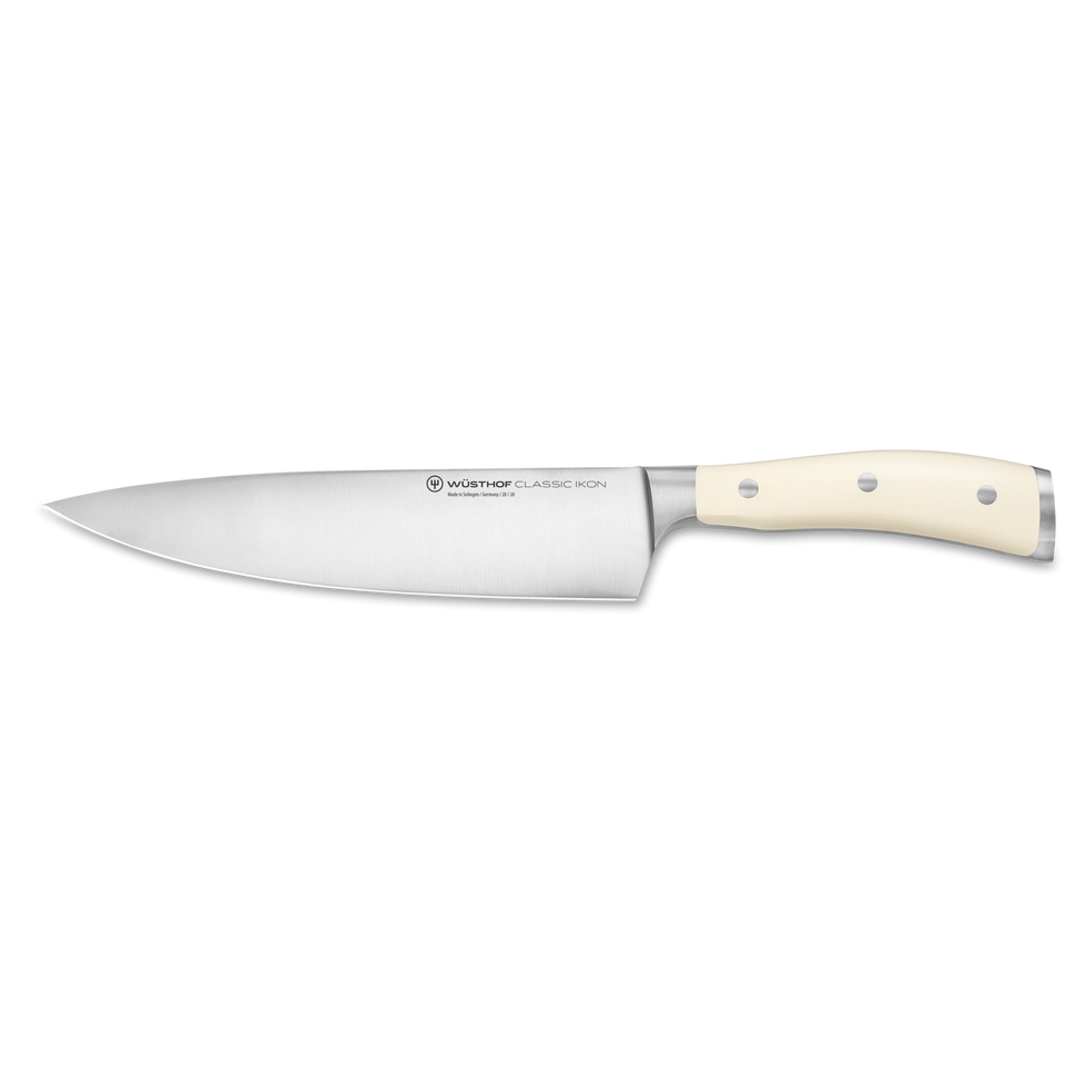 Classic Ikon 8" Chef's Knife with a forged German steel blade and smooth triple-riveted ivory handle for precise and durable kitchen cutting.