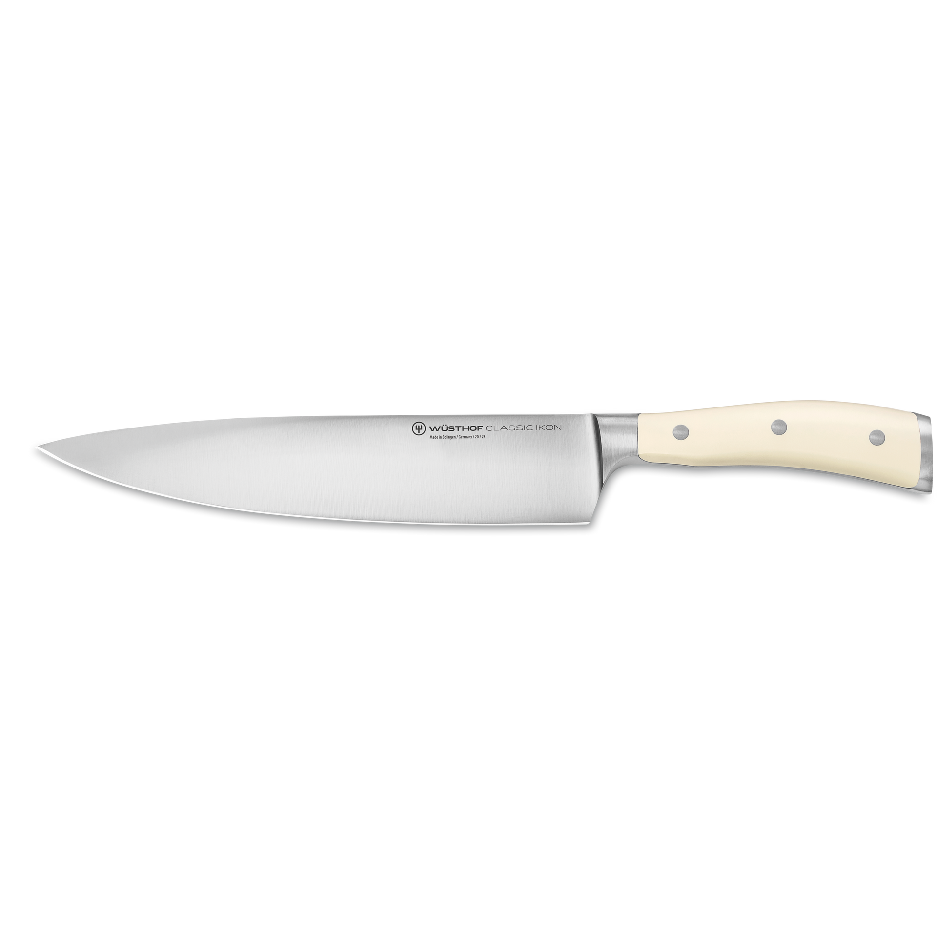Classic Ikon 9" Chef's Knife featuring a forged German stainless steel blade and a cream-colored triple-riveted handle for precise cutting.