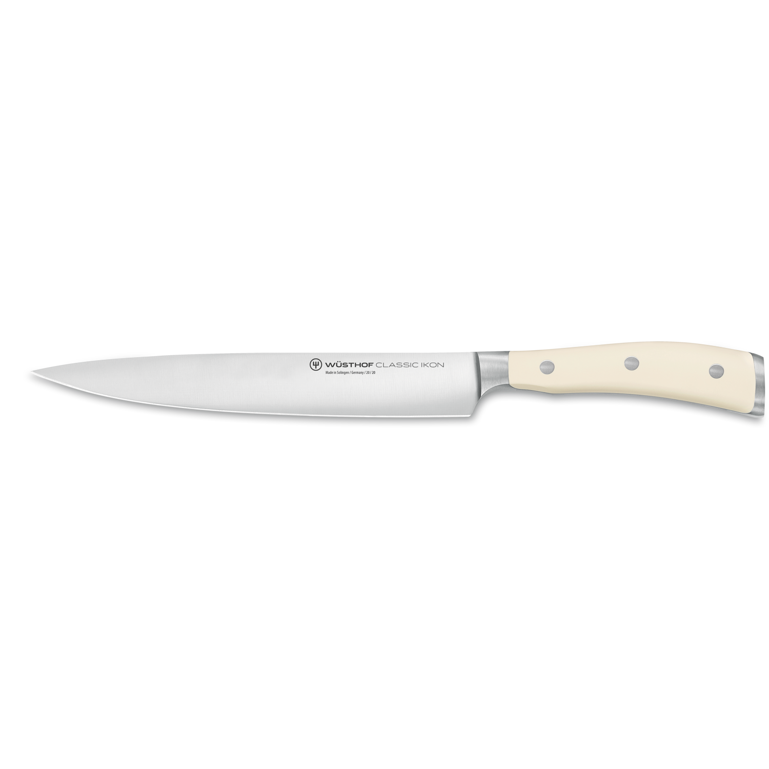 Classic Ikon 8" Carving Knife featuring a long, narrow forged stainless steel blade and a smooth, triple-riveted cream-colored handle for precise slicing.