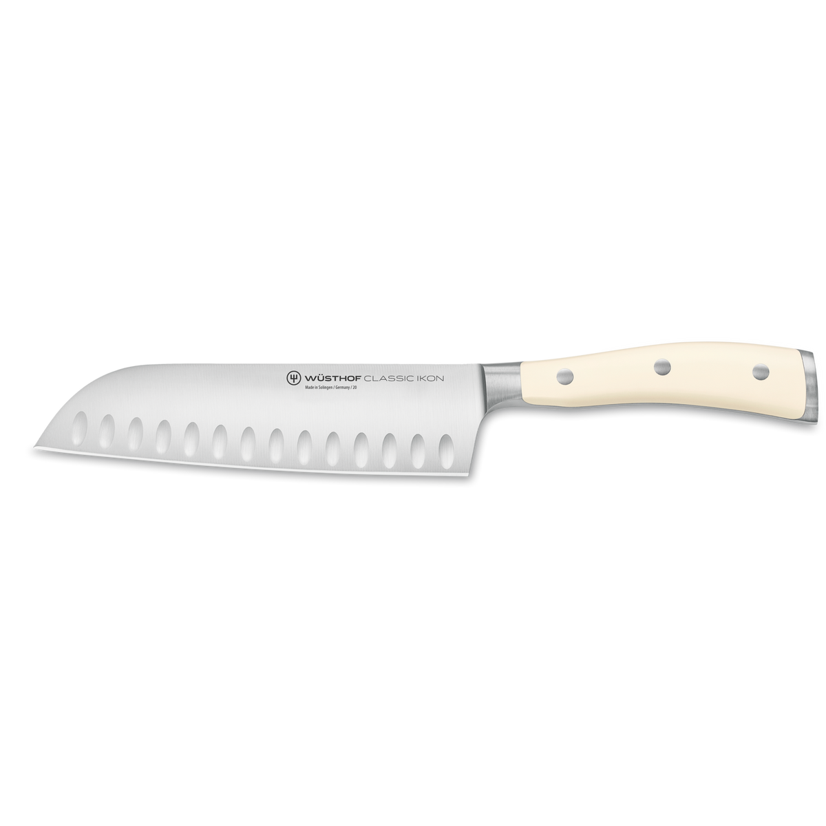 Classic Ikon 7" Hollow Edge Santoku with a forged German steel blade featuring hollowed indentations and a smooth ivory triple-riveted handle for balanced cutting.